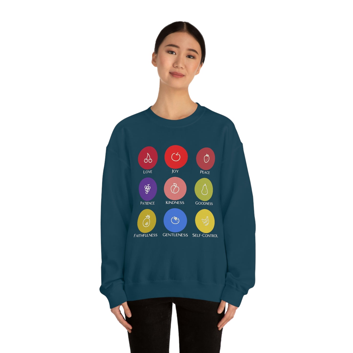 Unisex Fruits of the Spirit (White Text) Heavy Blend™ Crewneck Sweatshirt