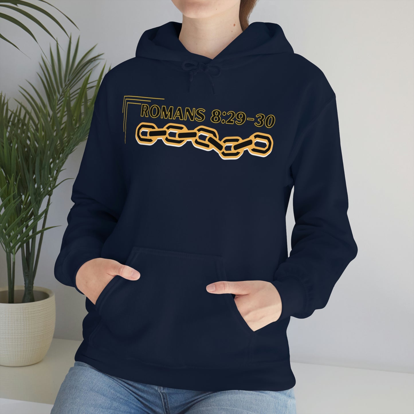 Unisex Golden Chain of Redemption (Romans 8:28-29) [Black] Heavy Blend™ Hooded Sweatshirt