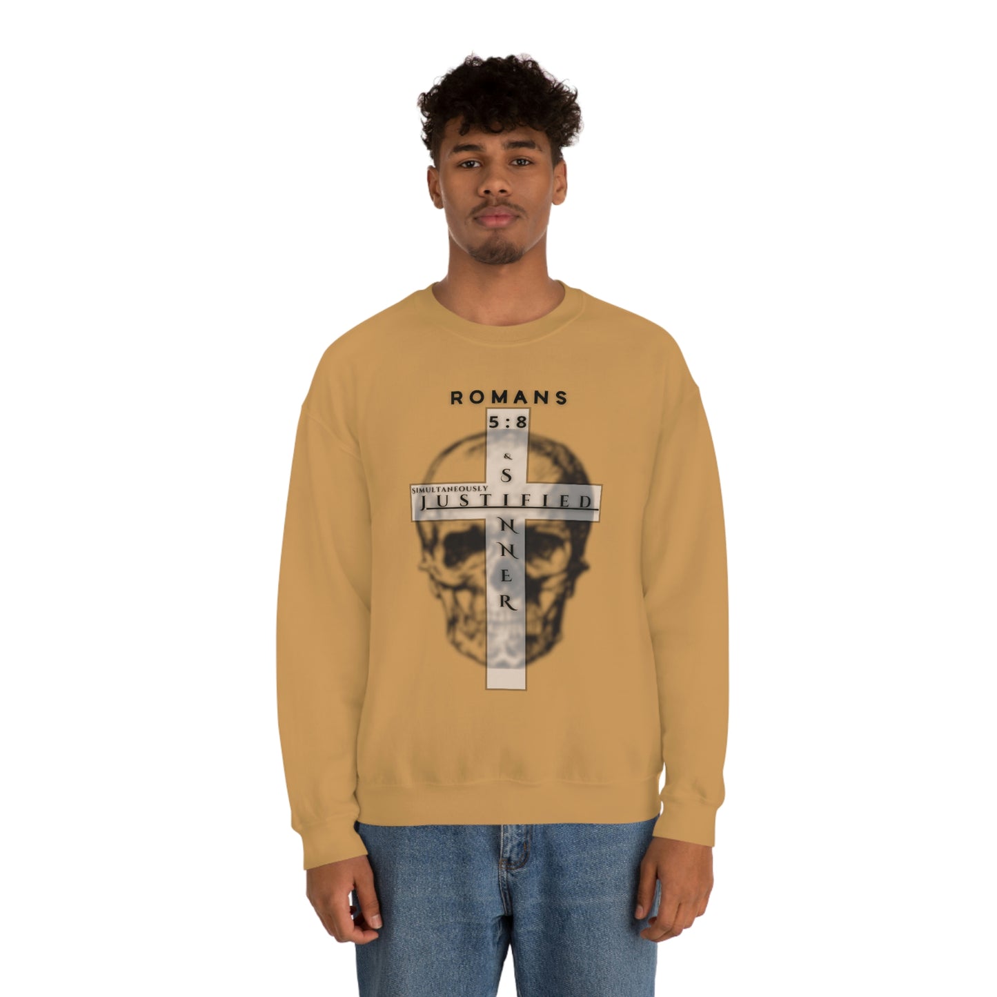 Men's Justified & Sinner (Romans 5:8) [Black Art] Heavy Blend™ Crewneck Sweatshirt