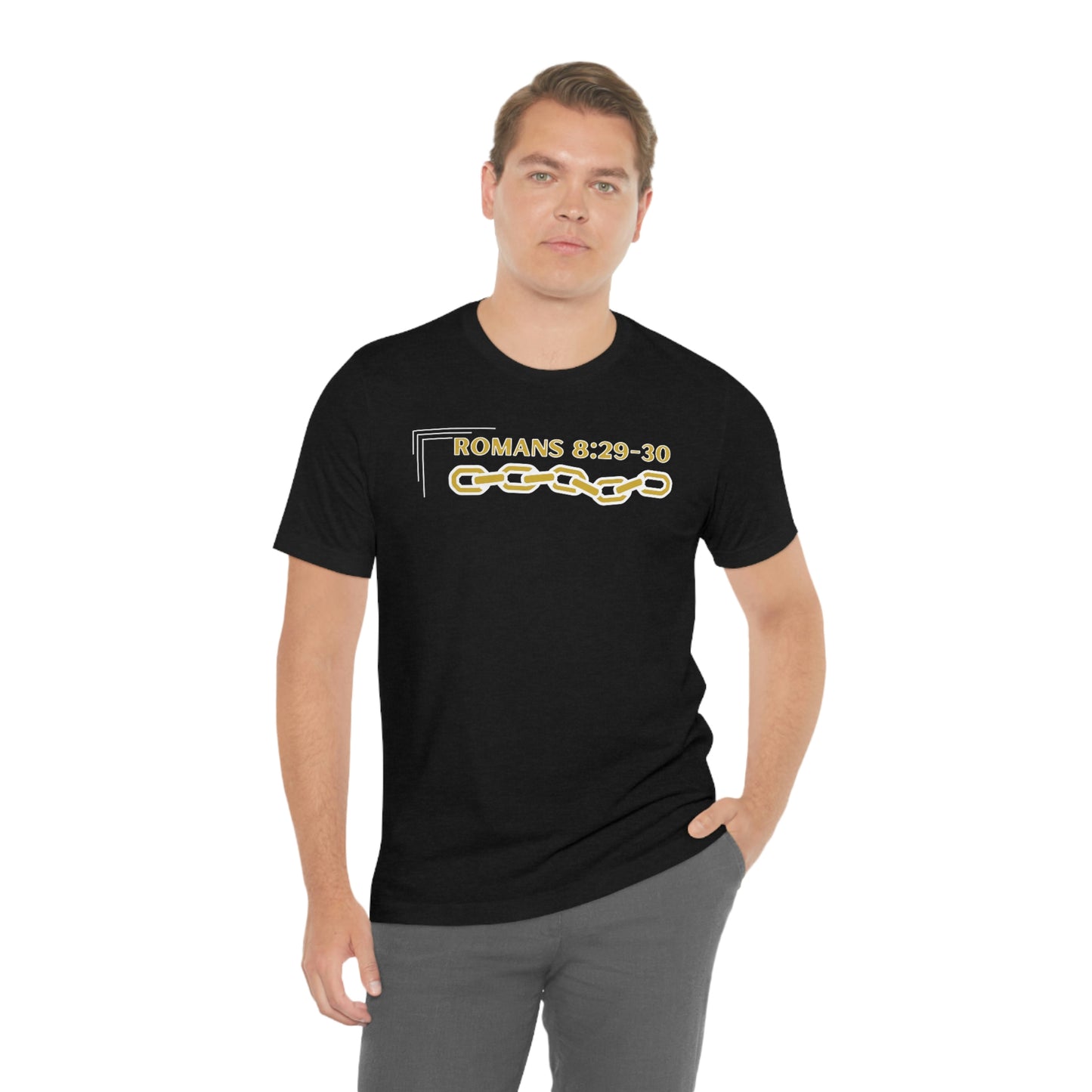 Unisex Golden Chain of Redemption (Romans 8:28-29) [White] Short Sleeve T-Shirt