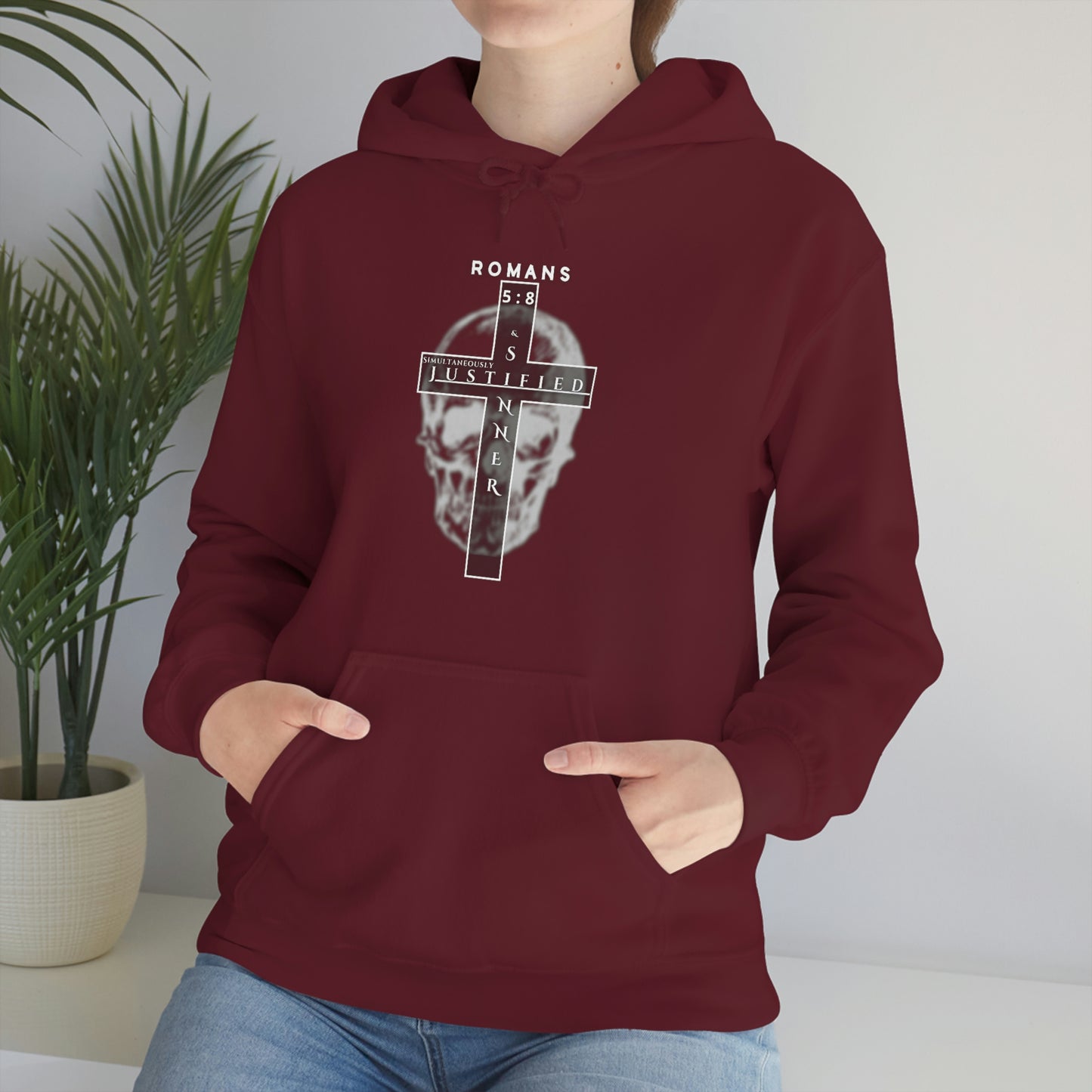 Men's Justified & Sinner (Romans 5:8) [White Art] Heavy Blend™ Hooded Sweatshirt