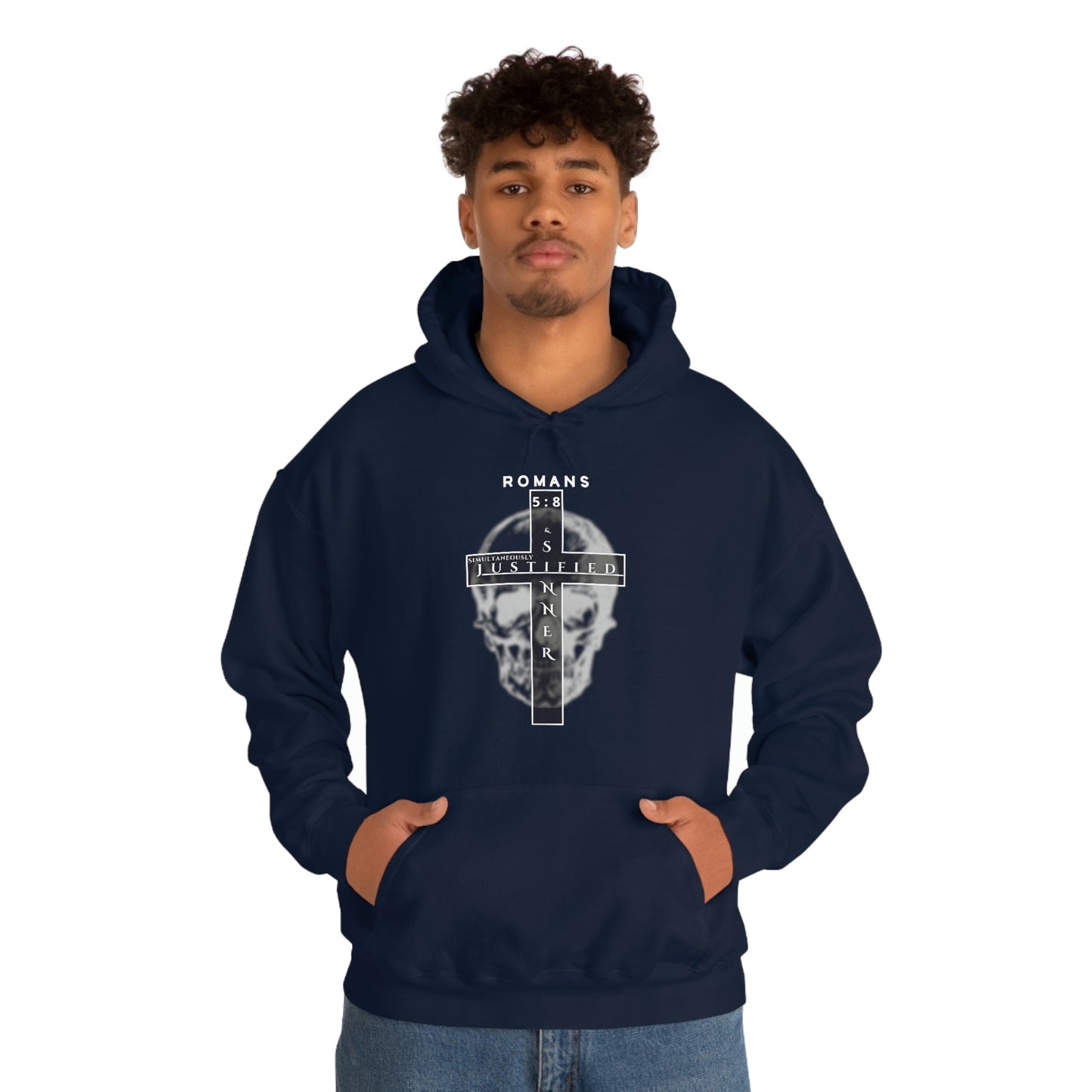 Men's Justified & Sinner (Romans 5:8) [White Art] Heavy Blend™ Hooded Sweatshirt