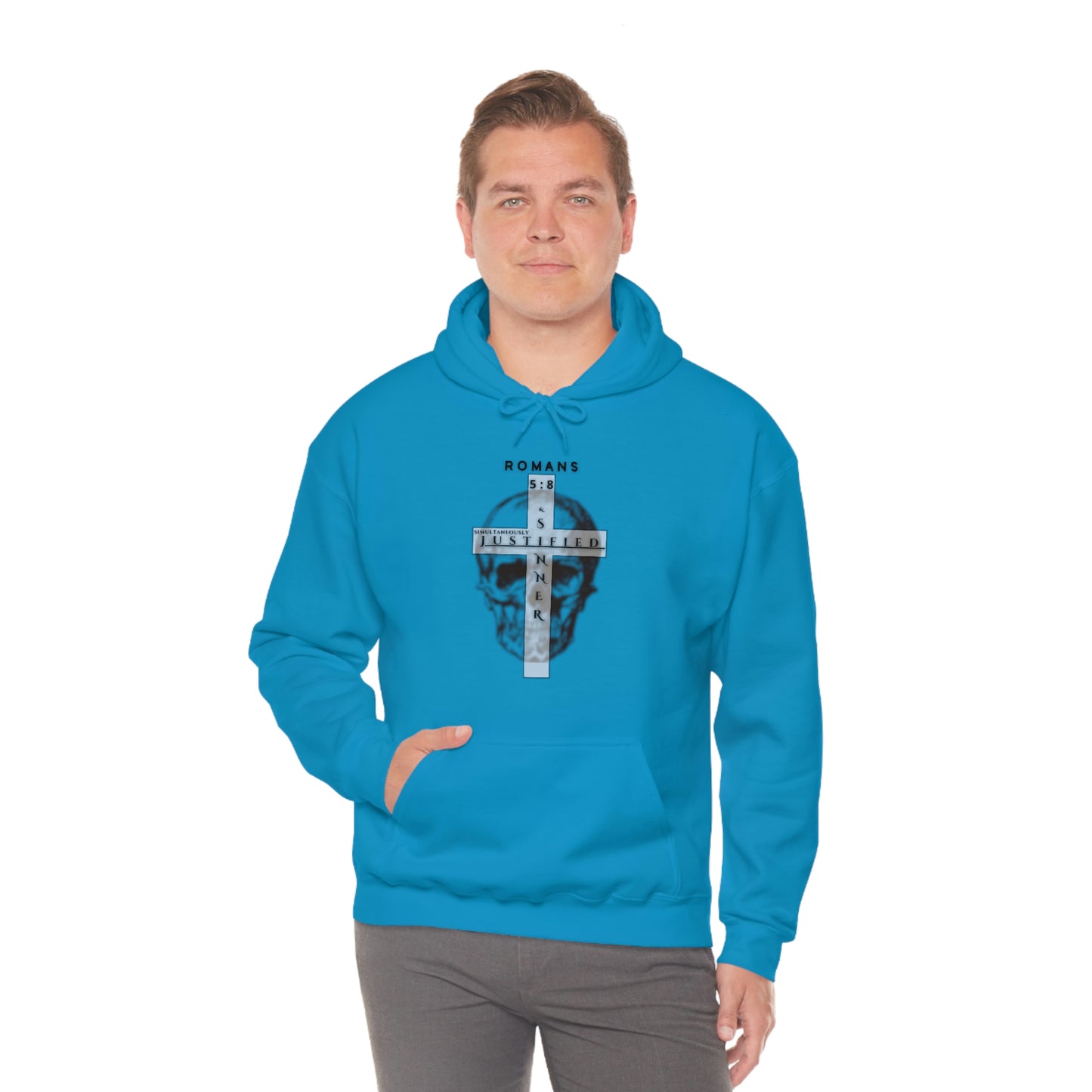 Men's Justified & Sinner (Romans 5:8) [Black Art] Heavy Blend™ Hooded Sweatshirt