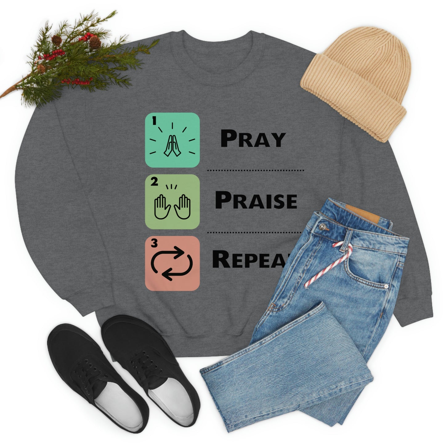 Unisex Pray, Praise, Repeat Heavy Blend™ Crewneck Sweatshirt (Palette 1)