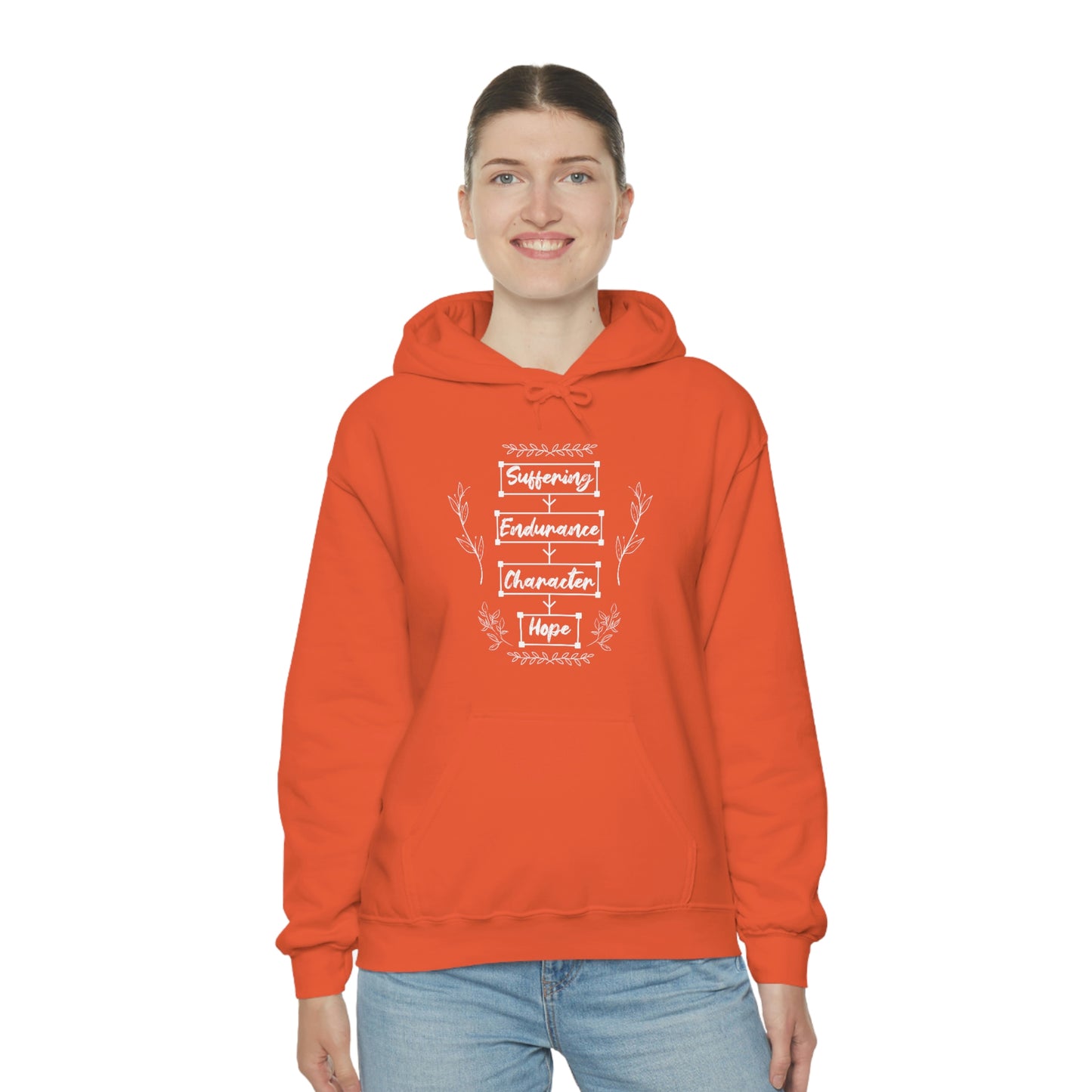 Women's Suffering Produces Hope (Romans 5:4) [White Text] Heavy Blend™ Hooded Sweatshirt