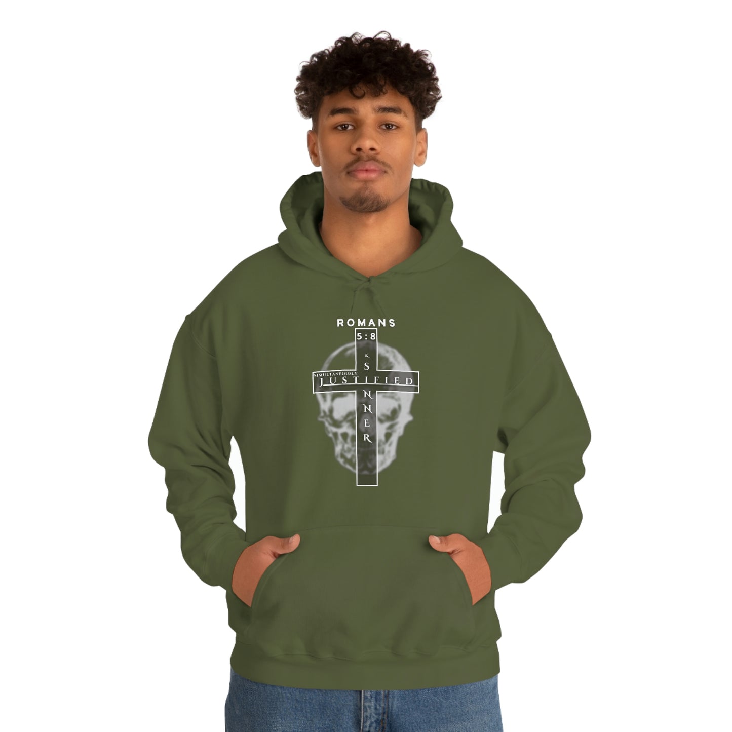 Men's Justified & Sinner (Romans 5:8) [White Art] Heavy Blend™ Hooded Sweatshirt