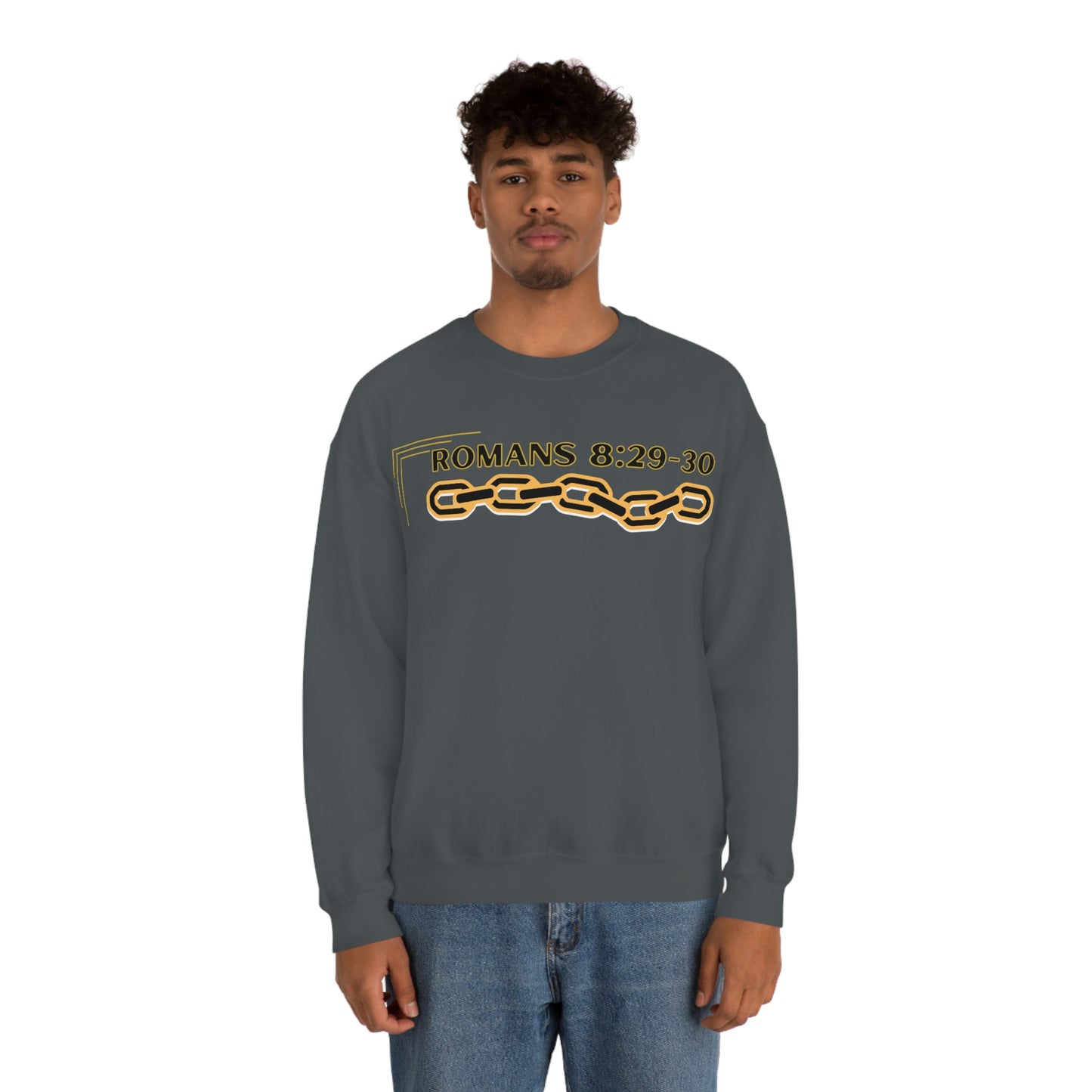 Unisex Golden Chain of Redemption (Romans 8:28-29) [Black] Heavy Blend™ Crewneck Sweatshirt