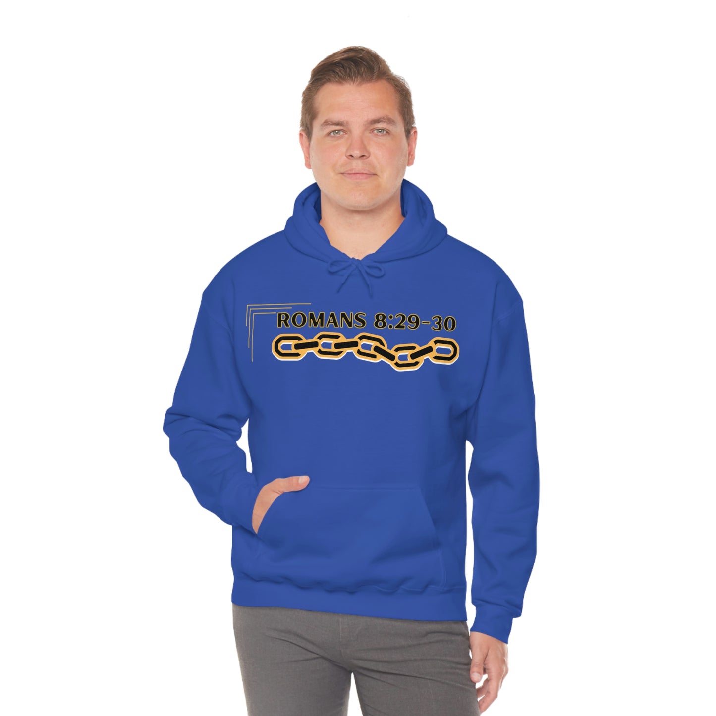 Unisex Golden Chain of Redemption (Romans 8:28-29) [Black] Heavy Blend™ Hooded Sweatshirt