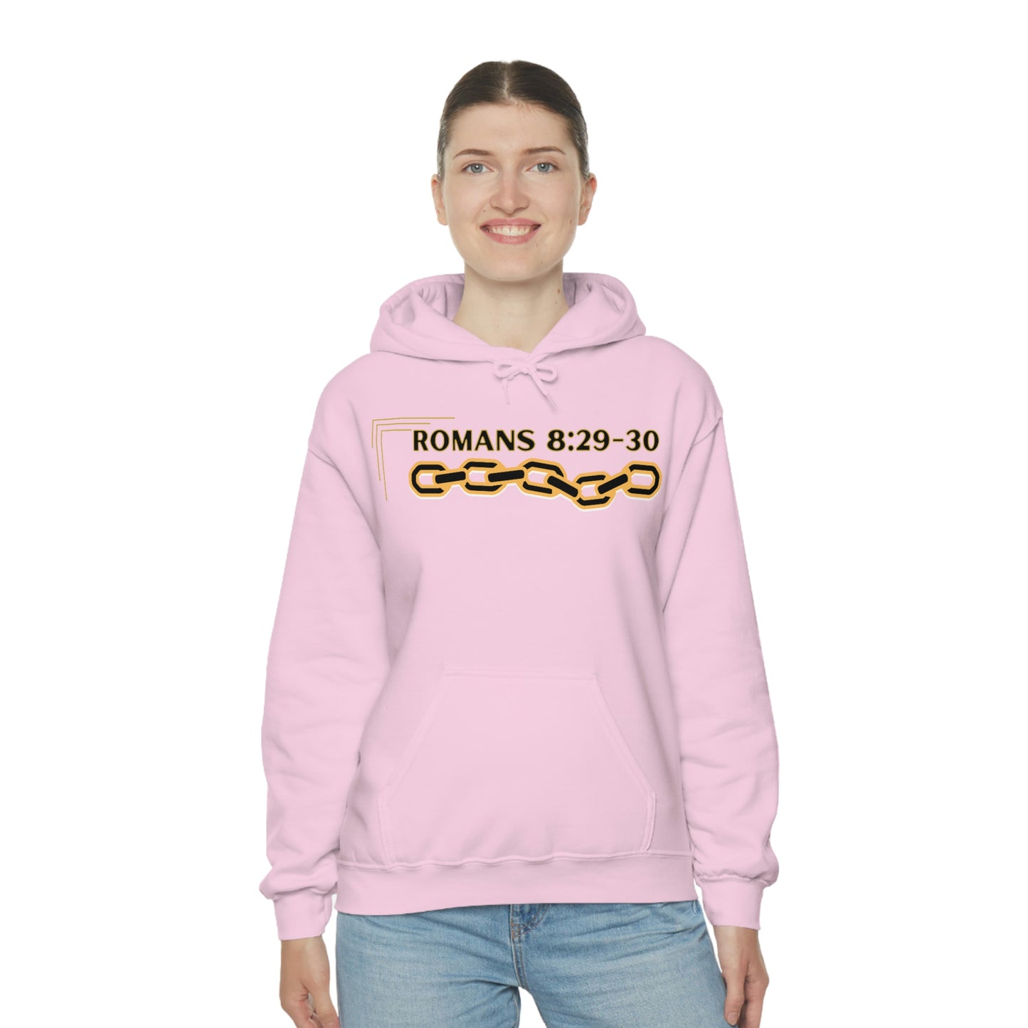 Unisex Golden Chain of Redemption (Romans 8:28-29) [Black] Heavy Blend™ Hooded Sweatshirt