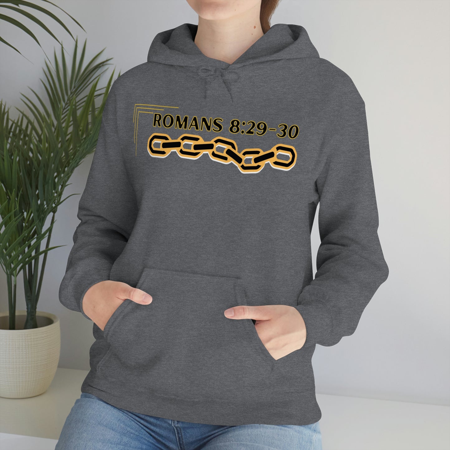 Unisex Golden Chain of Redemption (Romans 8:28-29) [Black] Heavy Blend™ Hooded Sweatshirt