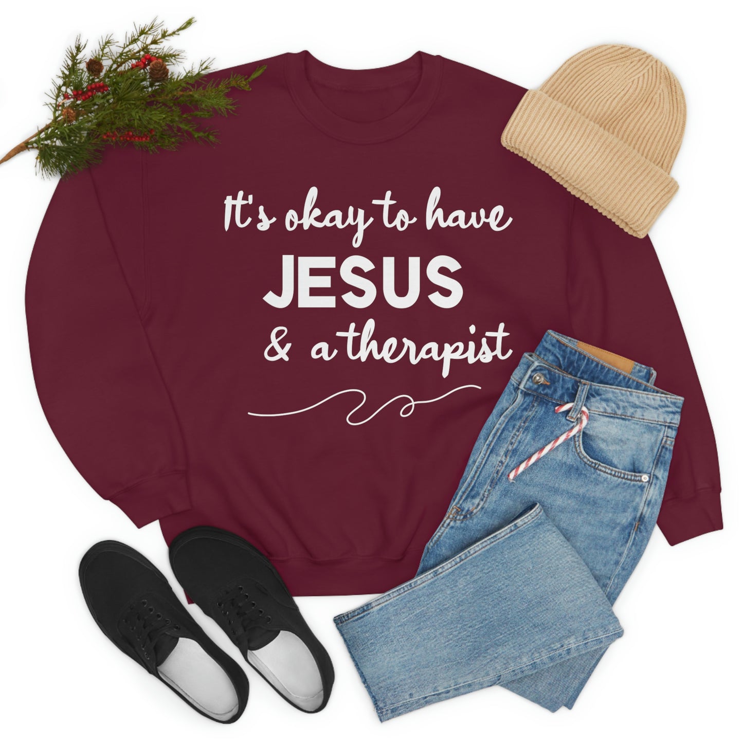 Women's Jesus & A Therapist (White Text) Heavy Blend™ Crewneck Sweatshirt