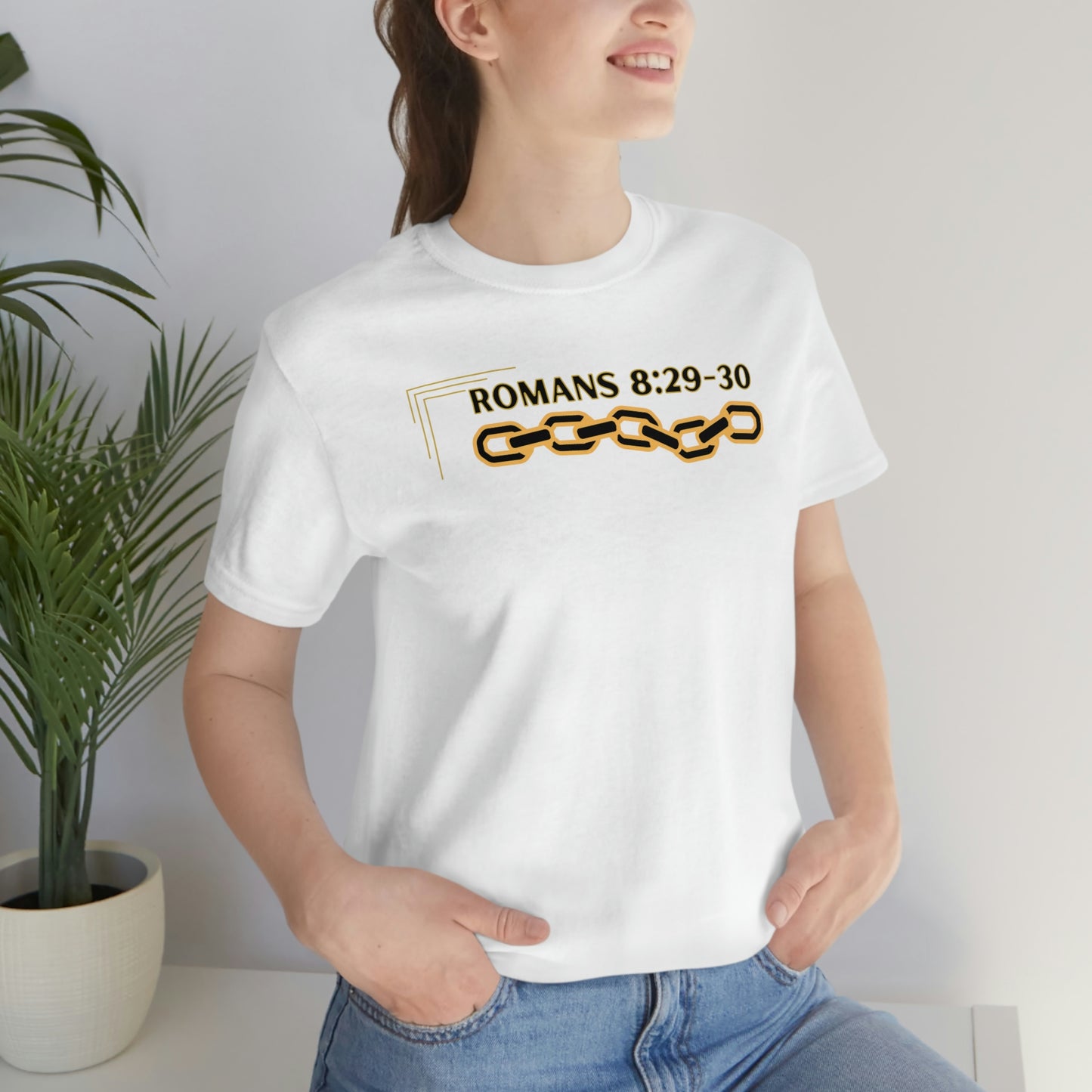 Unisex Golden Chain of Redemption (Romans 8:28-29) [Black] Short Sleeve T-Shirt