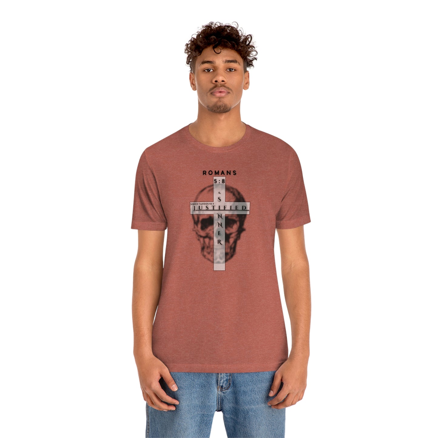 Men's Justified & Sinner (Romans 5:8) [Black Art] Short Sleeve T-Shirt