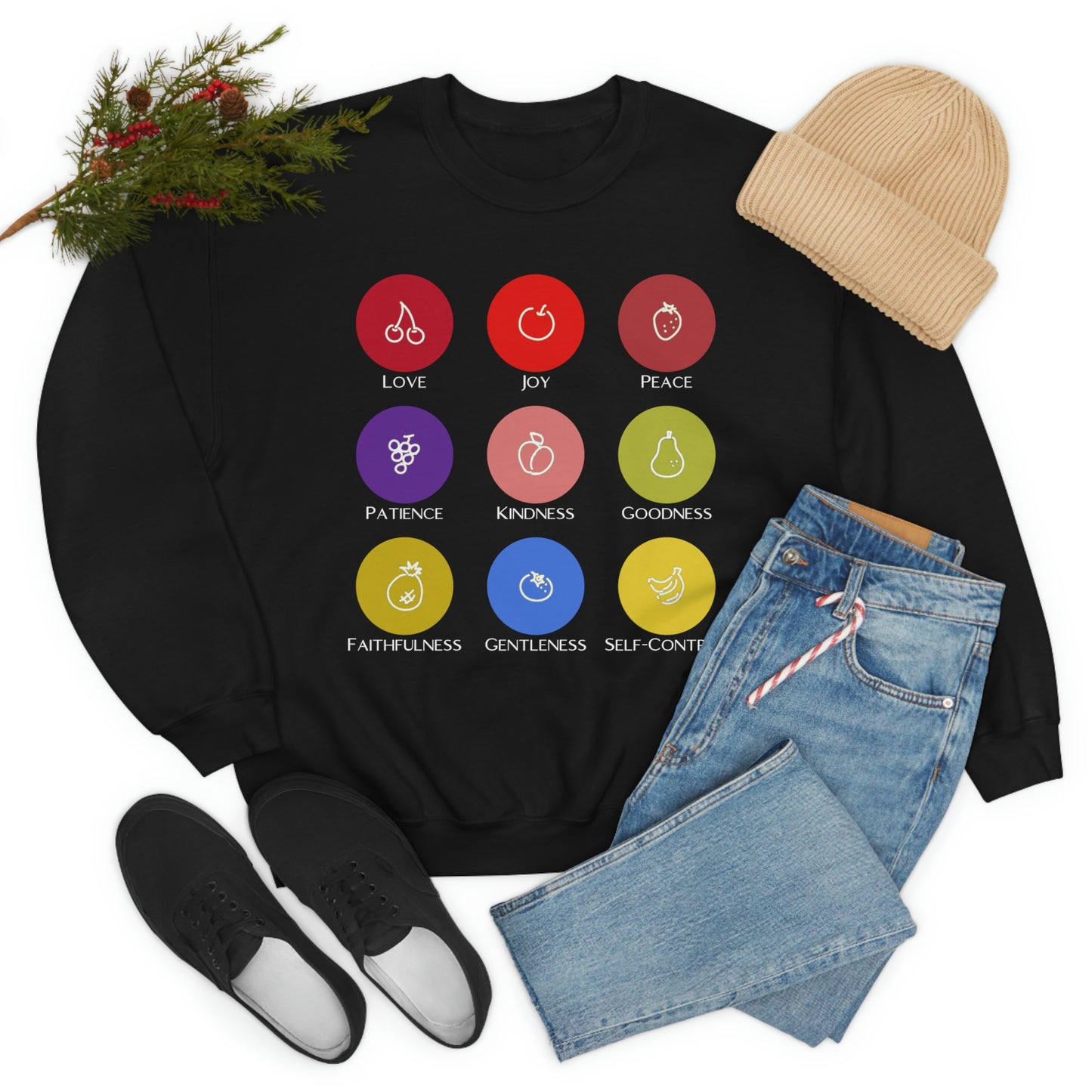 Unisex Fruits of the Spirit (White Text) Heavy Blend™ Crewneck Sweatshirt