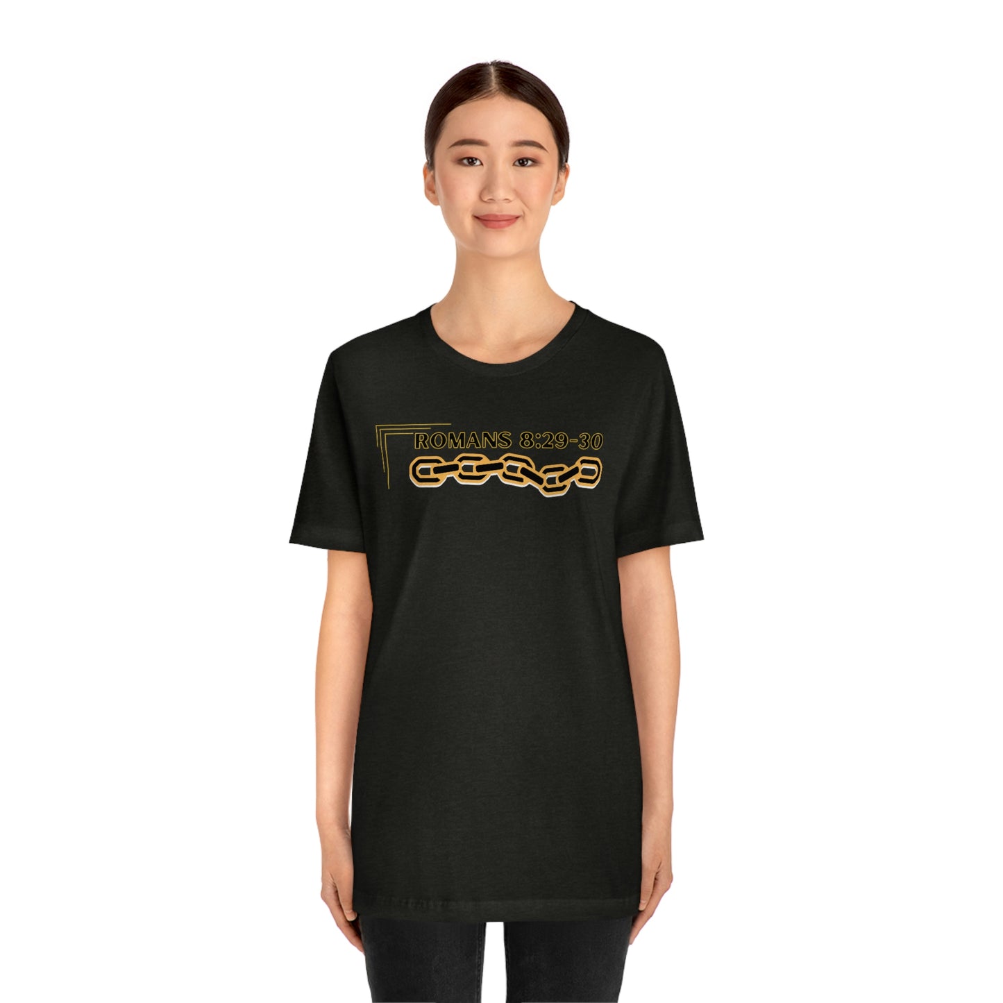 Unisex Golden Chain of Redemption (Romans 8:28-29) [Black] Short Sleeve T-Shirt