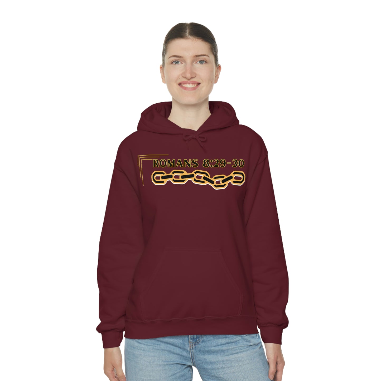 Unisex Golden Chain of Redemption (Romans 8:28-29) [Black] Heavy Blend™ Hooded Sweatshirt