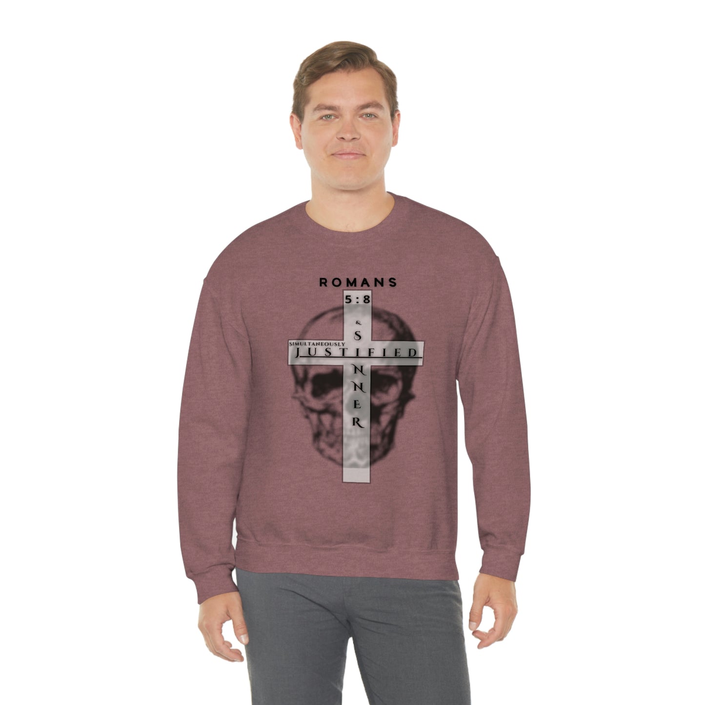 Men's Justified & Sinner (Romans 5:8) [Black Art] Heavy Blend™ Crewneck Sweatshirt