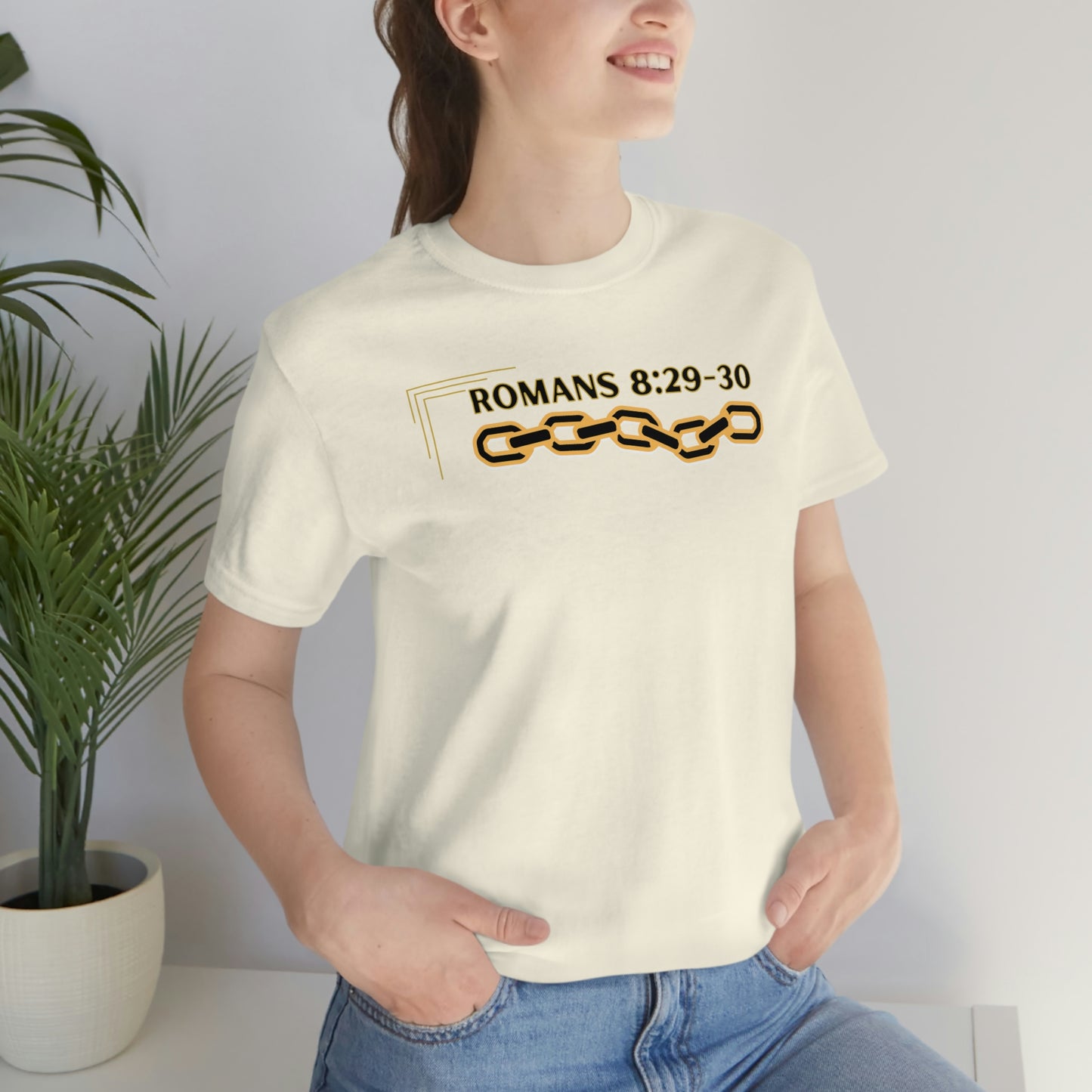 Unisex Golden Chain of Redemption (Romans 8:28-29) [Black] Short Sleeve T-Shirt