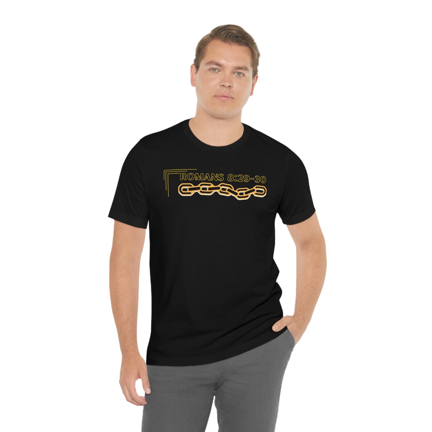 Unisex Golden Chain of Redemption (Romans 8:28-29) [Black] Short Sleeve T-Shirt