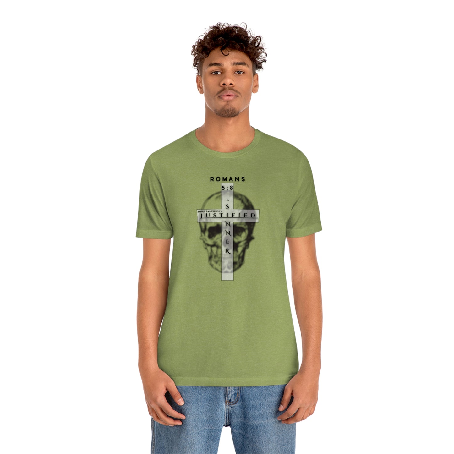 Men's Justified & Sinner (Romans 5:8) [Black Art] Short Sleeve T-Shirt