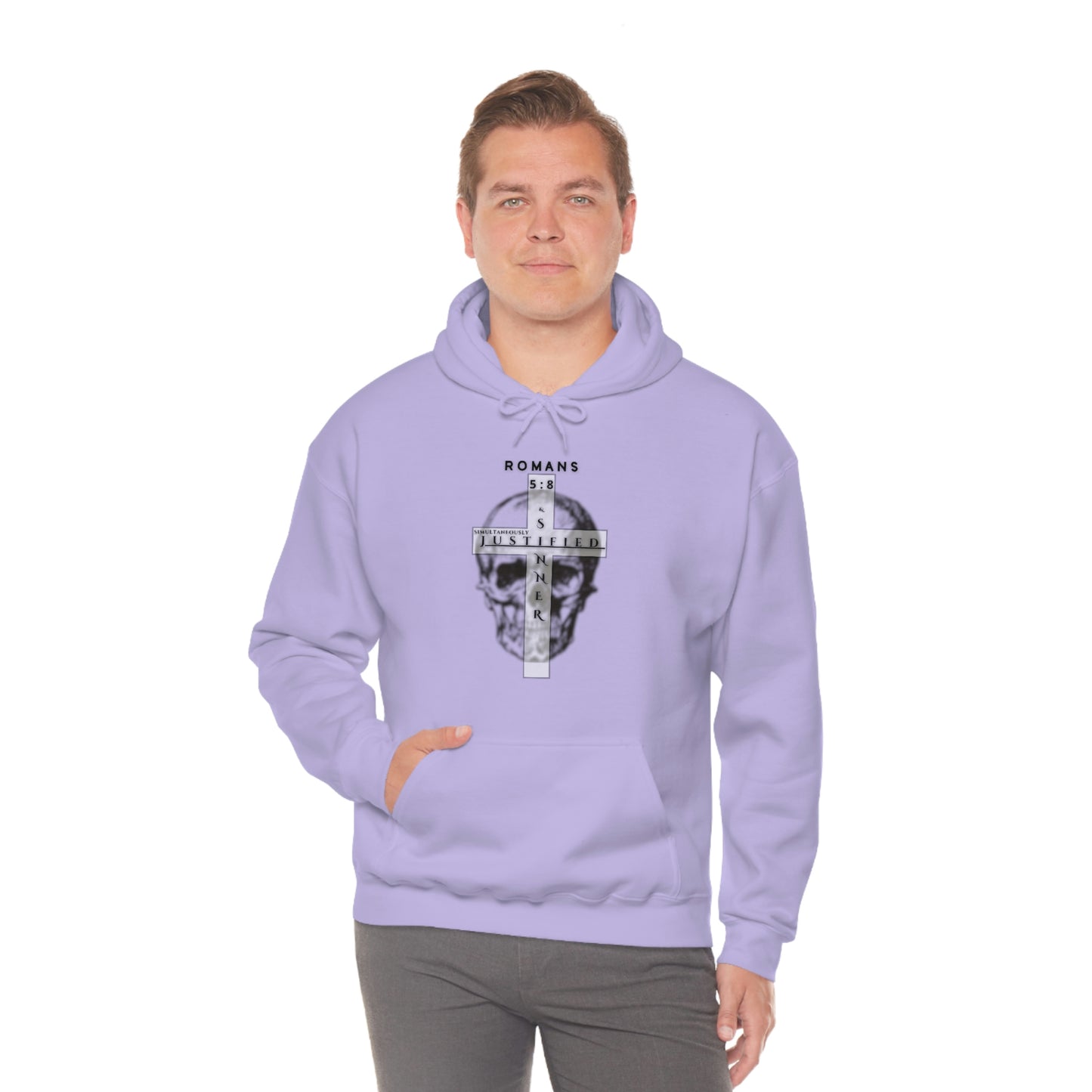 Men's Justified & Sinner (Romans 5:8) [Black Art] Heavy Blend™ Hooded Sweatshirt