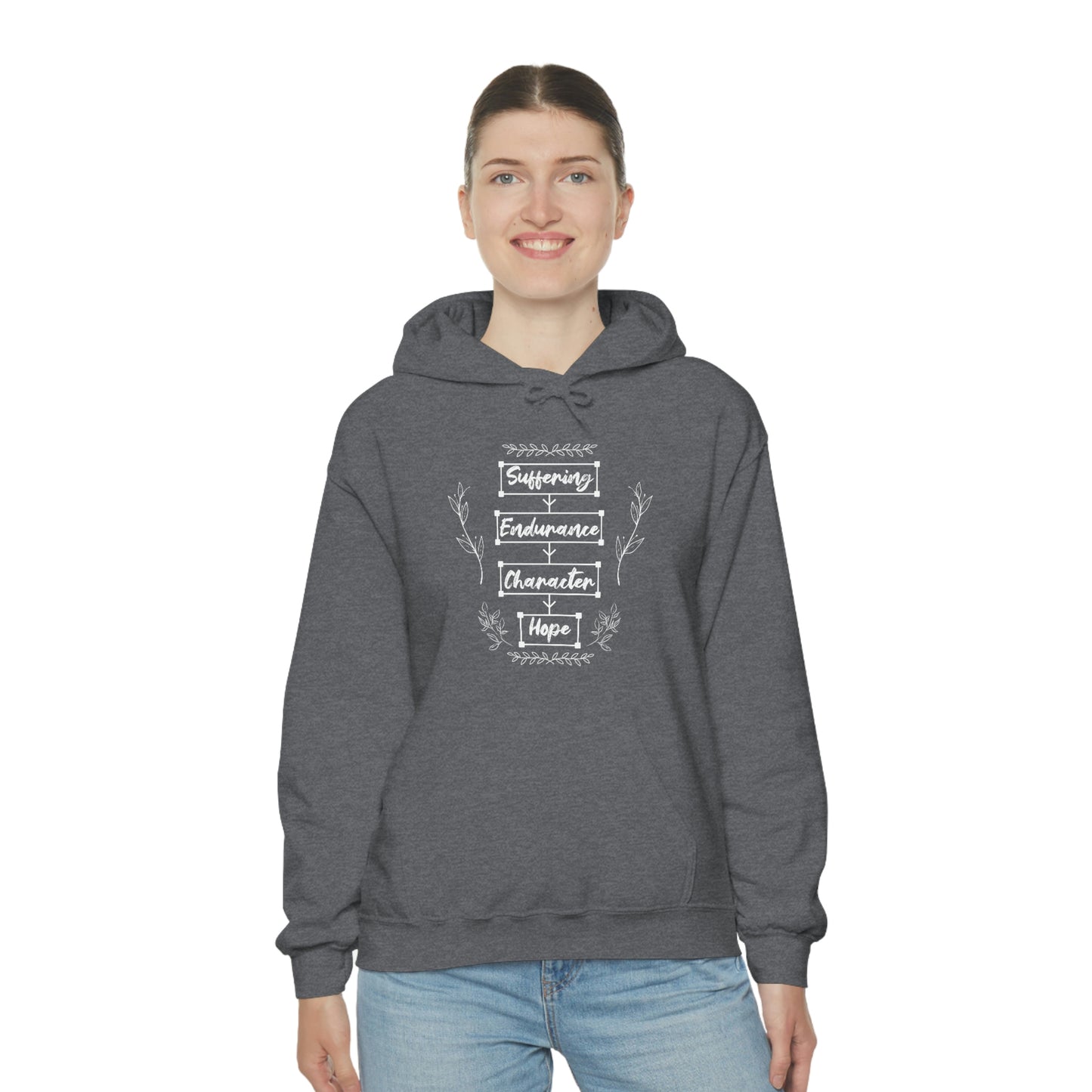 Women's Suffering Produces Hope (Romans 5:4) [White Text] Heavy Blend™ Hooded Sweatshirt