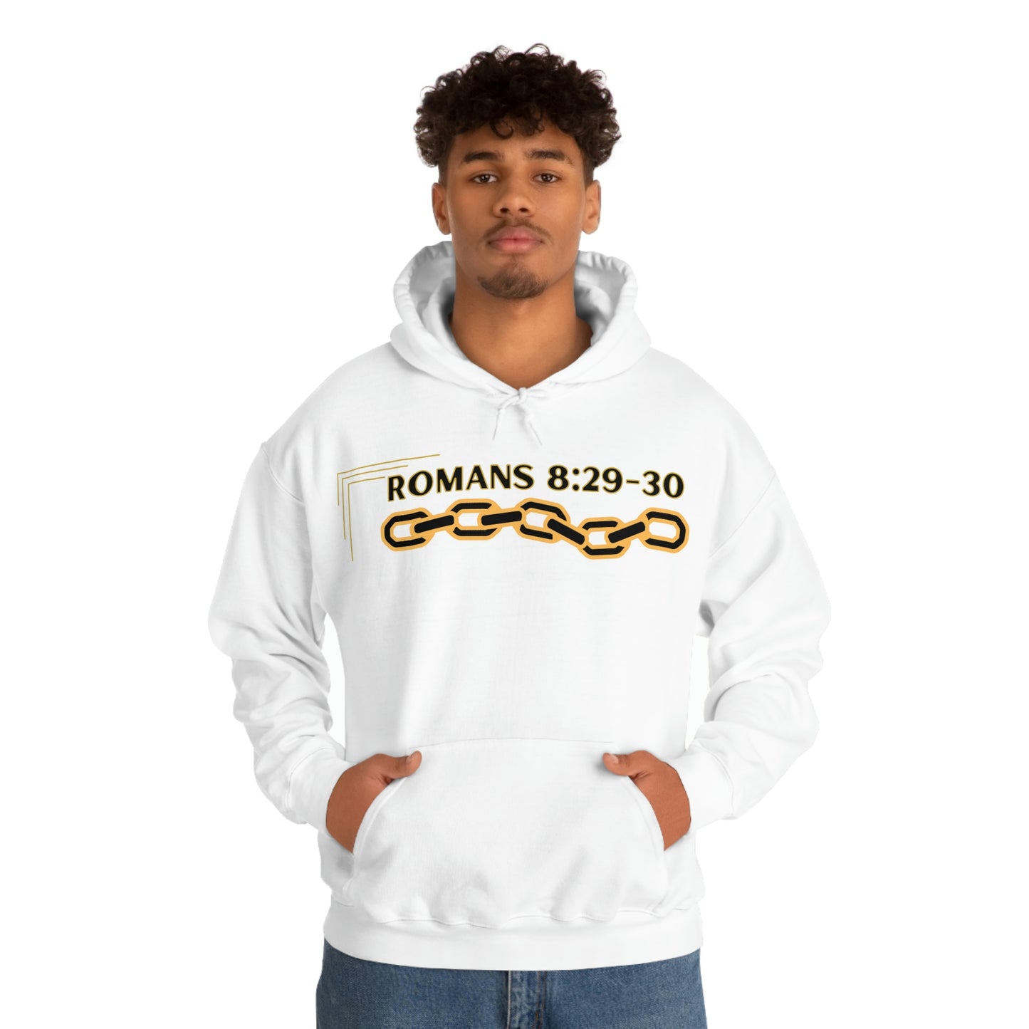 Unisex Golden Chain of Redemption (Romans 8:28-29) [Black] Heavy Blend™ Hooded Sweatshirt