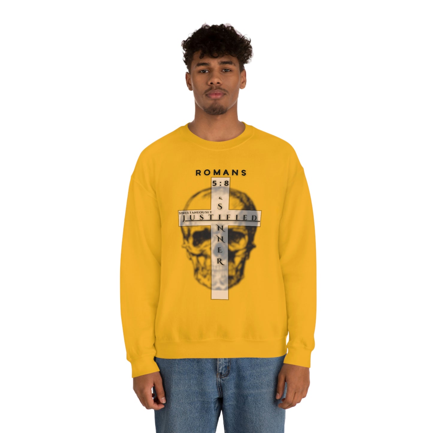 Men's Justified & Sinner (Romans 5:8) [Black Art] Heavy Blend™ Crewneck Sweatshirt