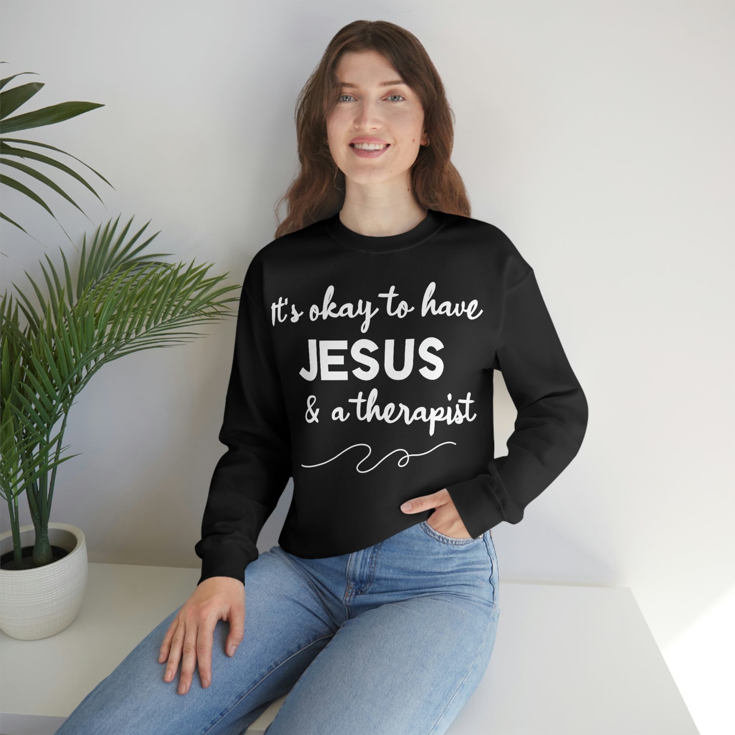 Women's Jesus & A Therapist (White Text) Heavy Blend™ Crewneck Sweatshirt