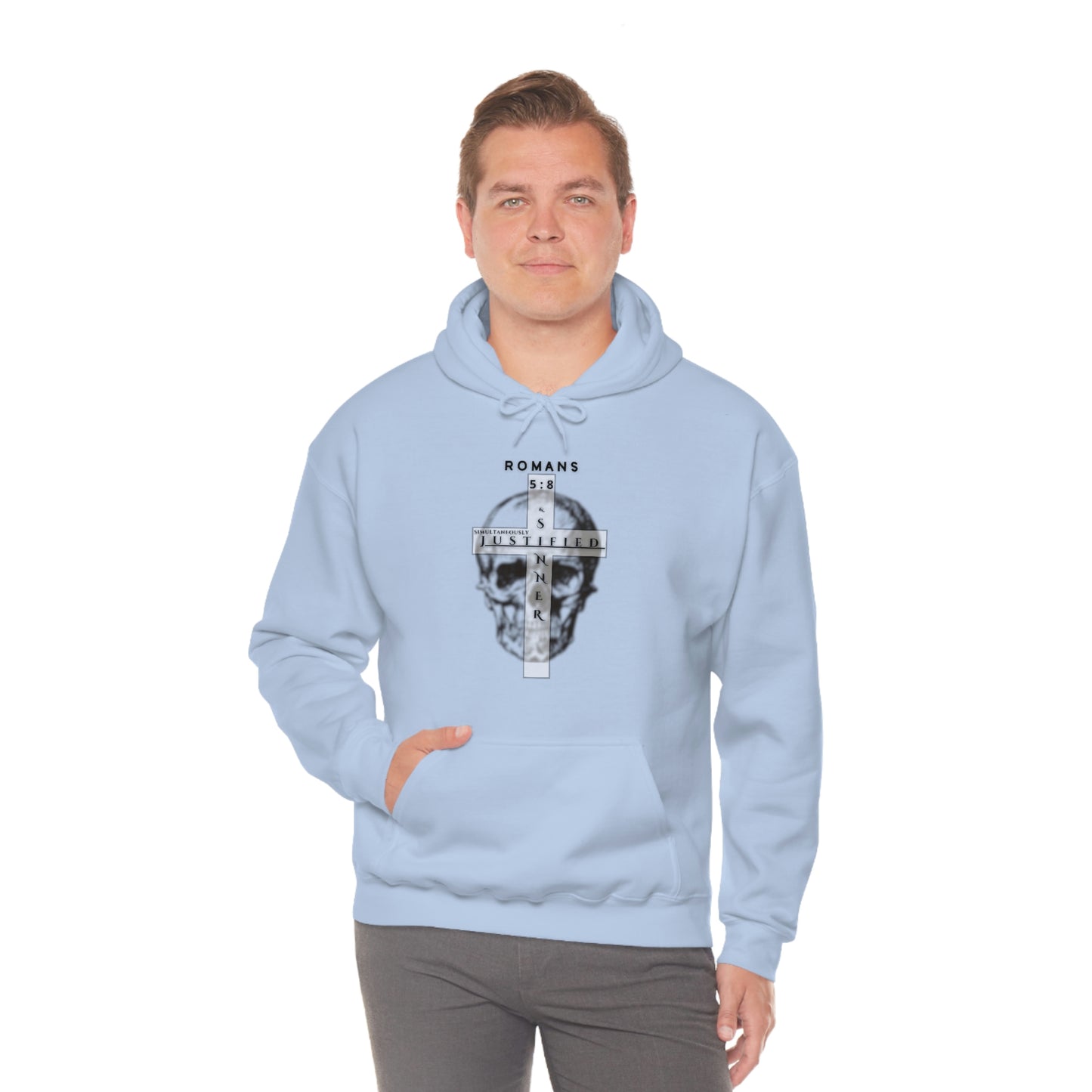 Men's Justified & Sinner (Romans 5:8) [Black Art] Heavy Blend™ Hooded Sweatshirt