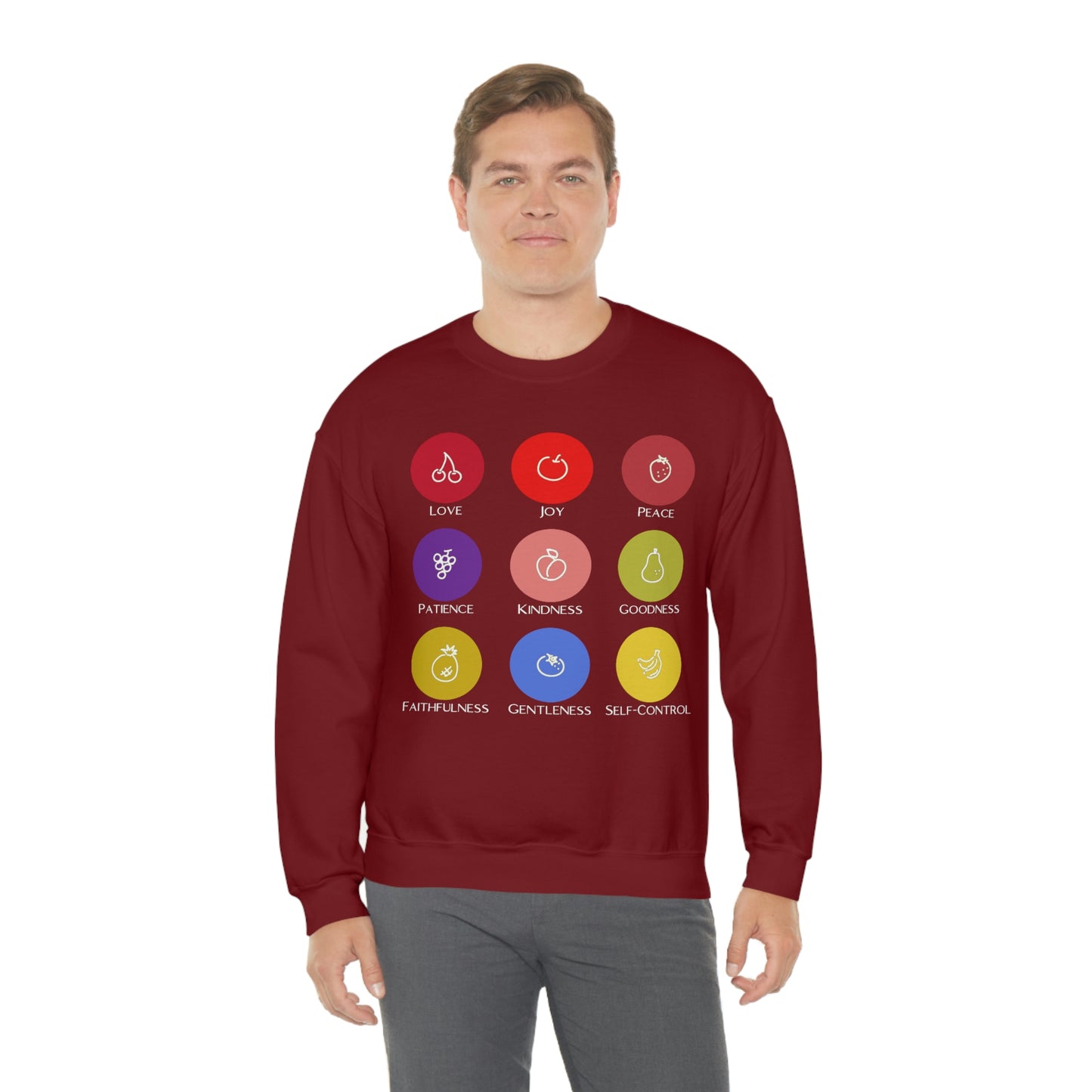 Unisex Fruits of the Spirit (White Text) Heavy Blend™ Crewneck Sweatshirt