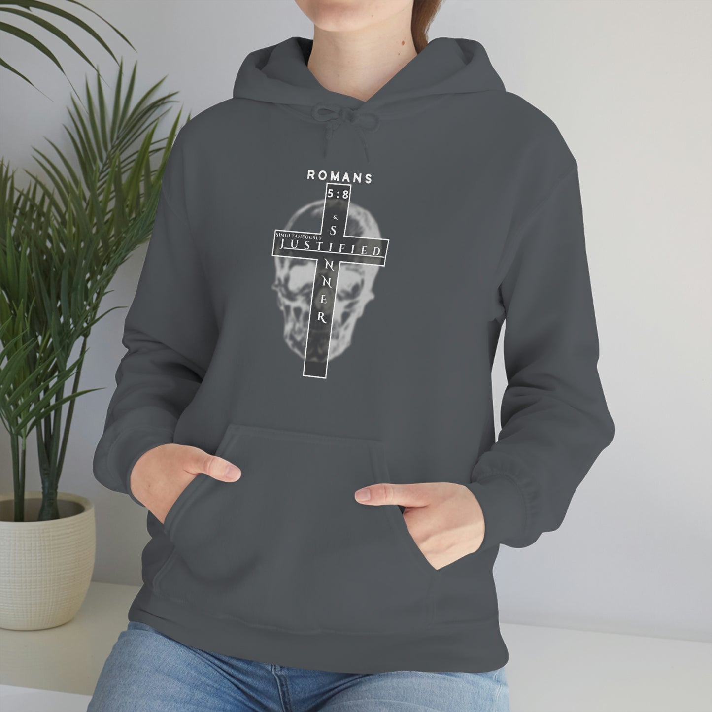 Men's Justified & Sinner (Romans 5:8) [White Art] Heavy Blend™ Hooded Sweatshirt