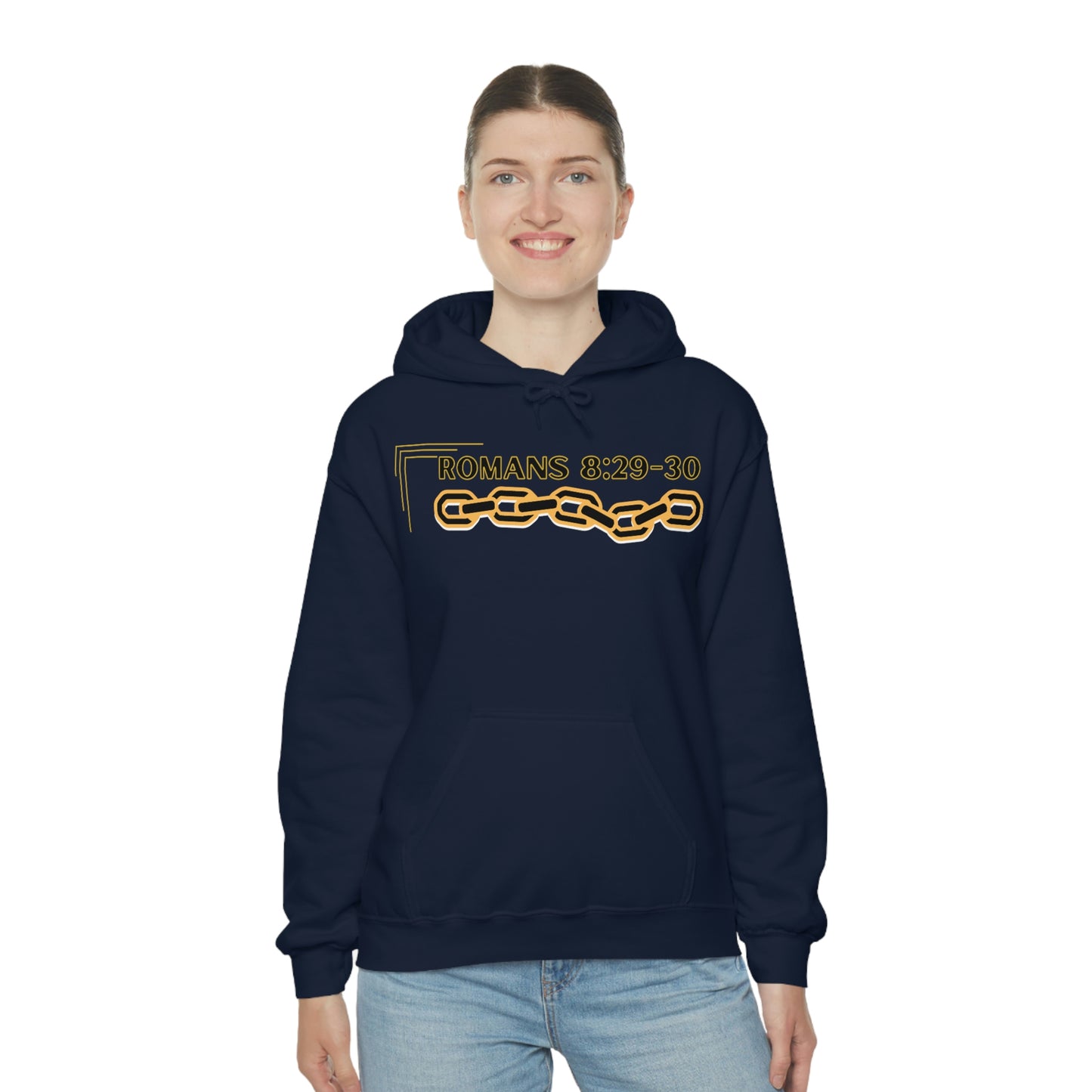 Unisex Golden Chain of Redemption (Romans 8:28-29) [Black] Heavy Blend™ Hooded Sweatshirt