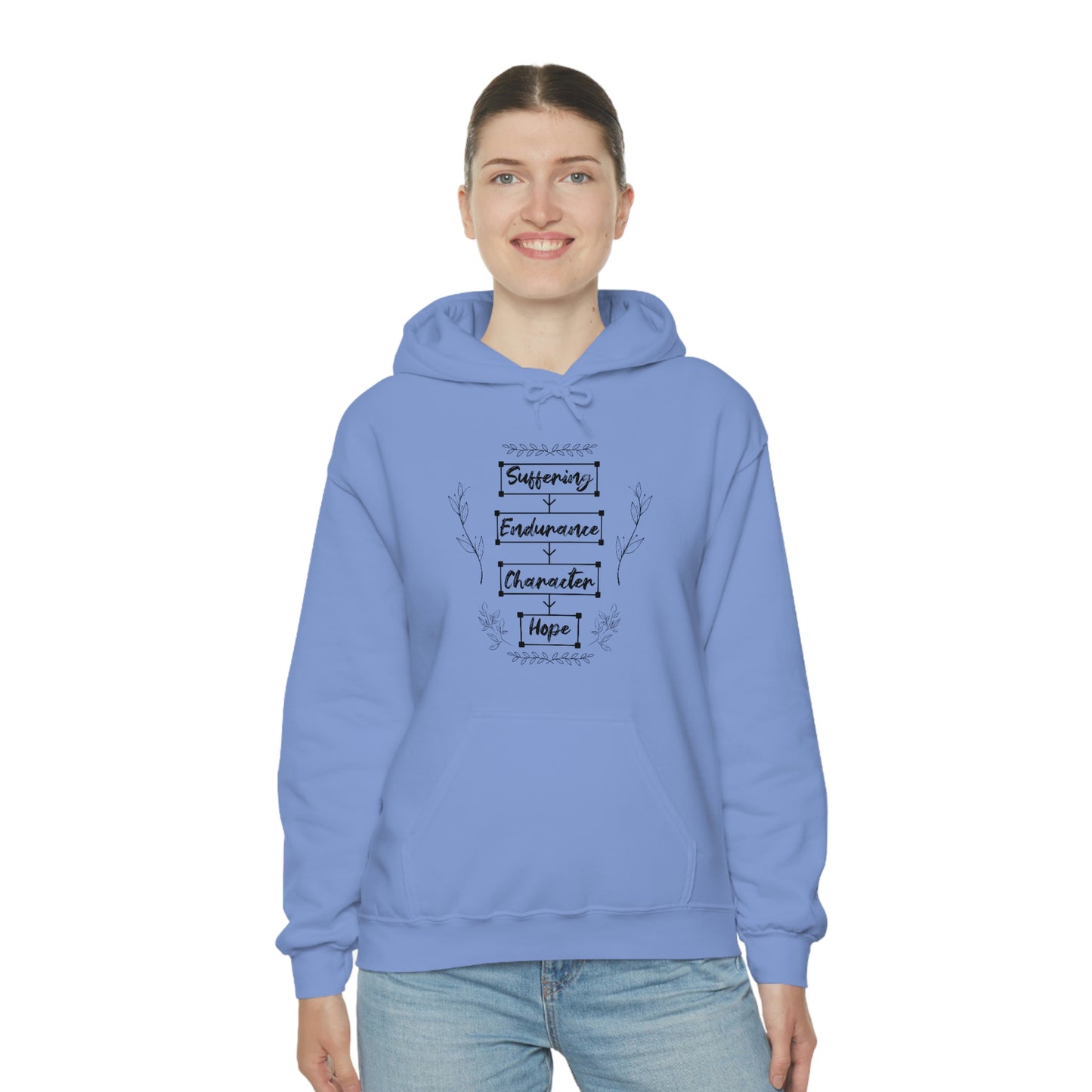 Women's Suffering Produces Hope (Romans 5:4) [Black Text] Heavy Blend™ Hooded Sweatshirt