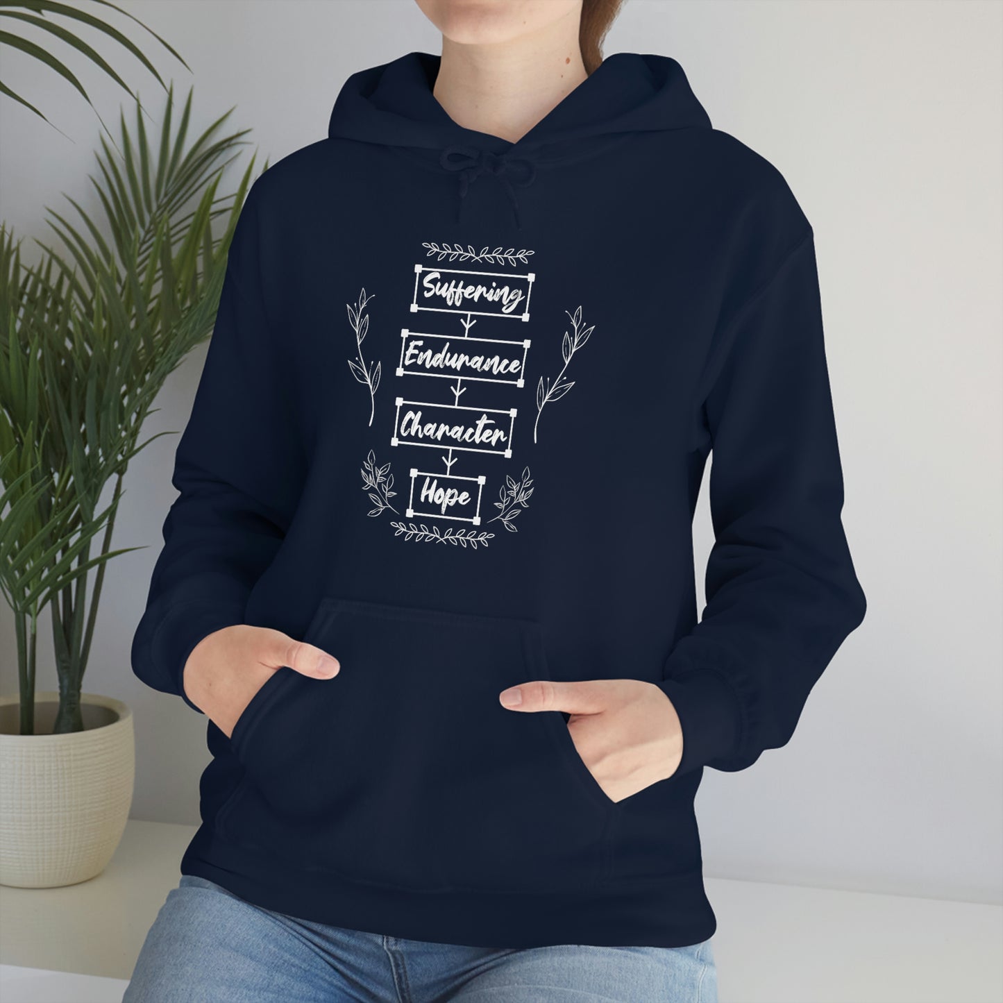 Women's Suffering Produces Hope (Romans 5:4) [White Text] Heavy Blend™ Hooded Sweatshirt