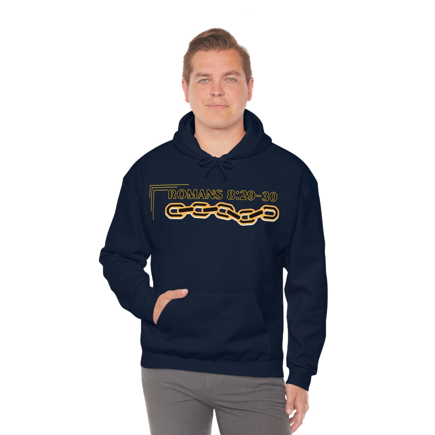 Unisex Golden Chain of Redemption (Romans 8:28-29) [Black] Heavy Blend™ Hooded Sweatshirt