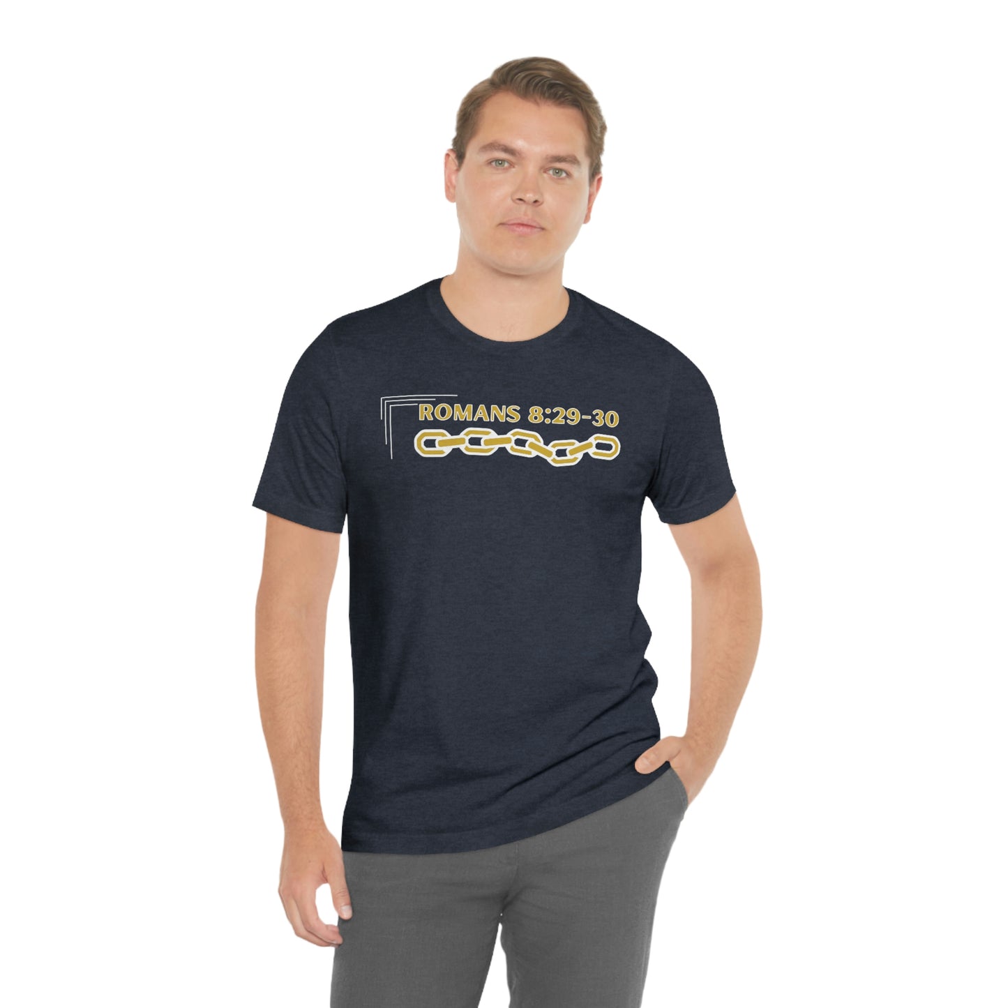 Unisex Golden Chain of Redemption (Romans 8:28-29) [White] Short Sleeve T-Shirt