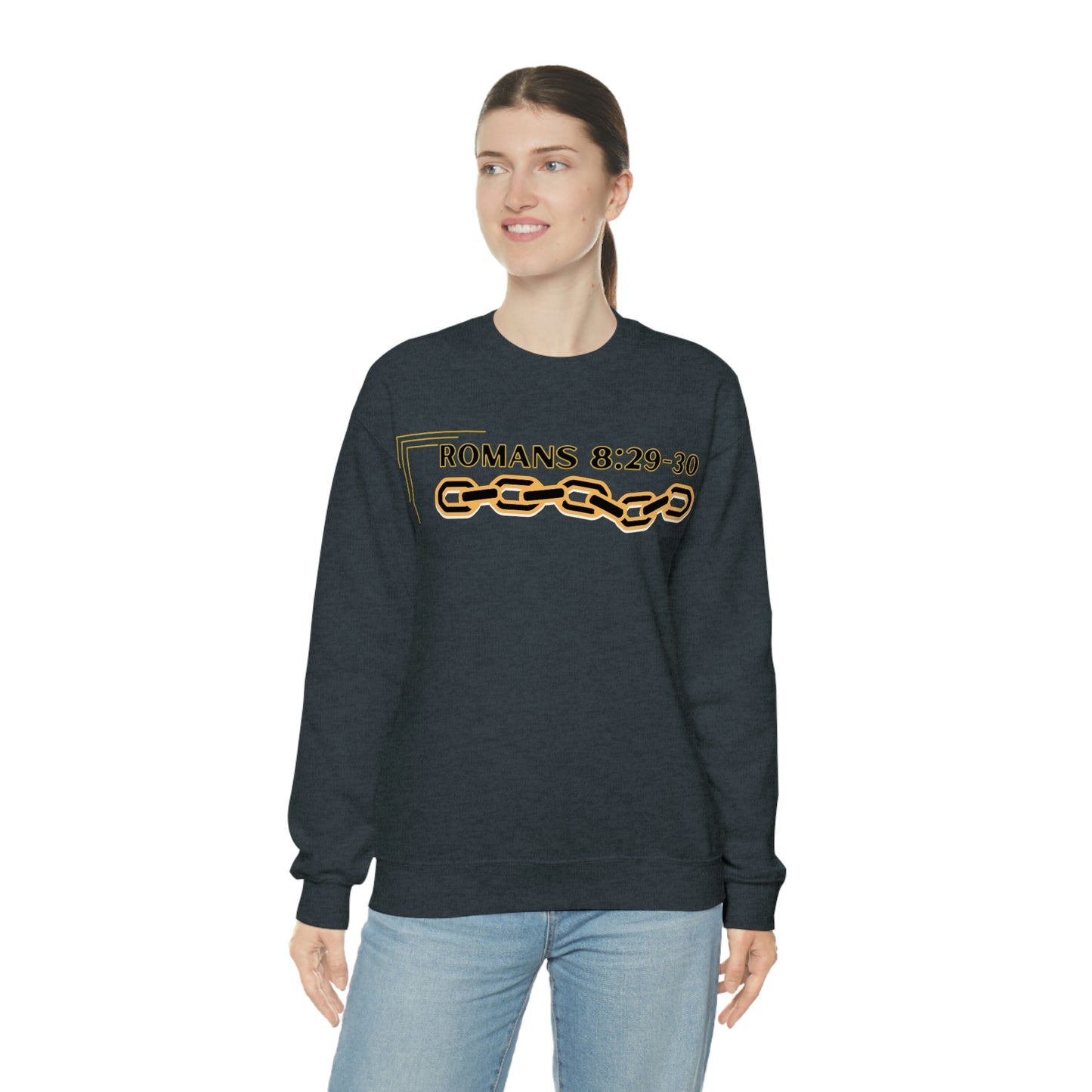 Unisex Golden Chain of Redemption (Romans 8:28-29) [Black] Heavy Blend™ Crewneck Sweatshirt