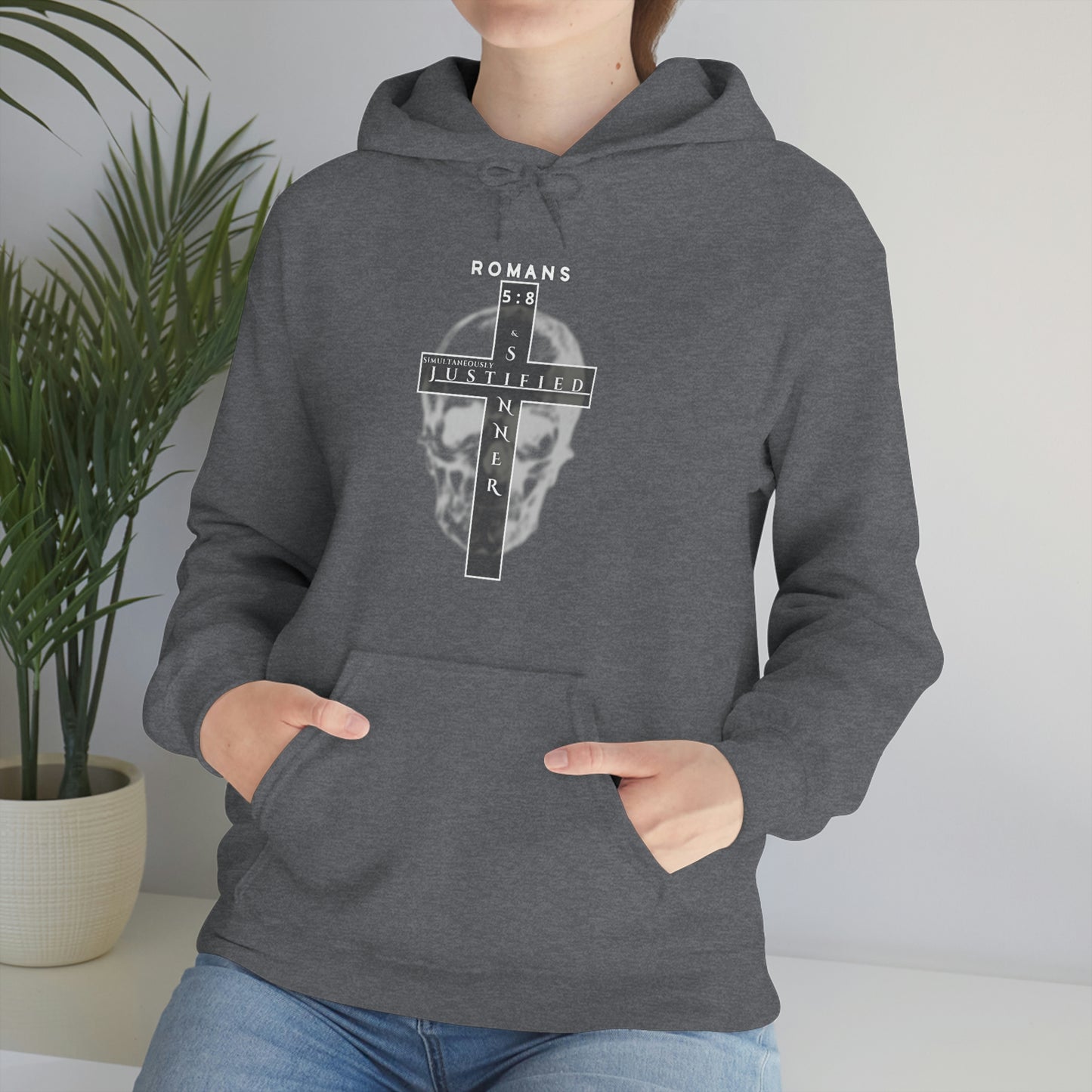 Men's Justified & Sinner (Romans 5:8) [White Art] Heavy Blend™ Hooded Sweatshirt