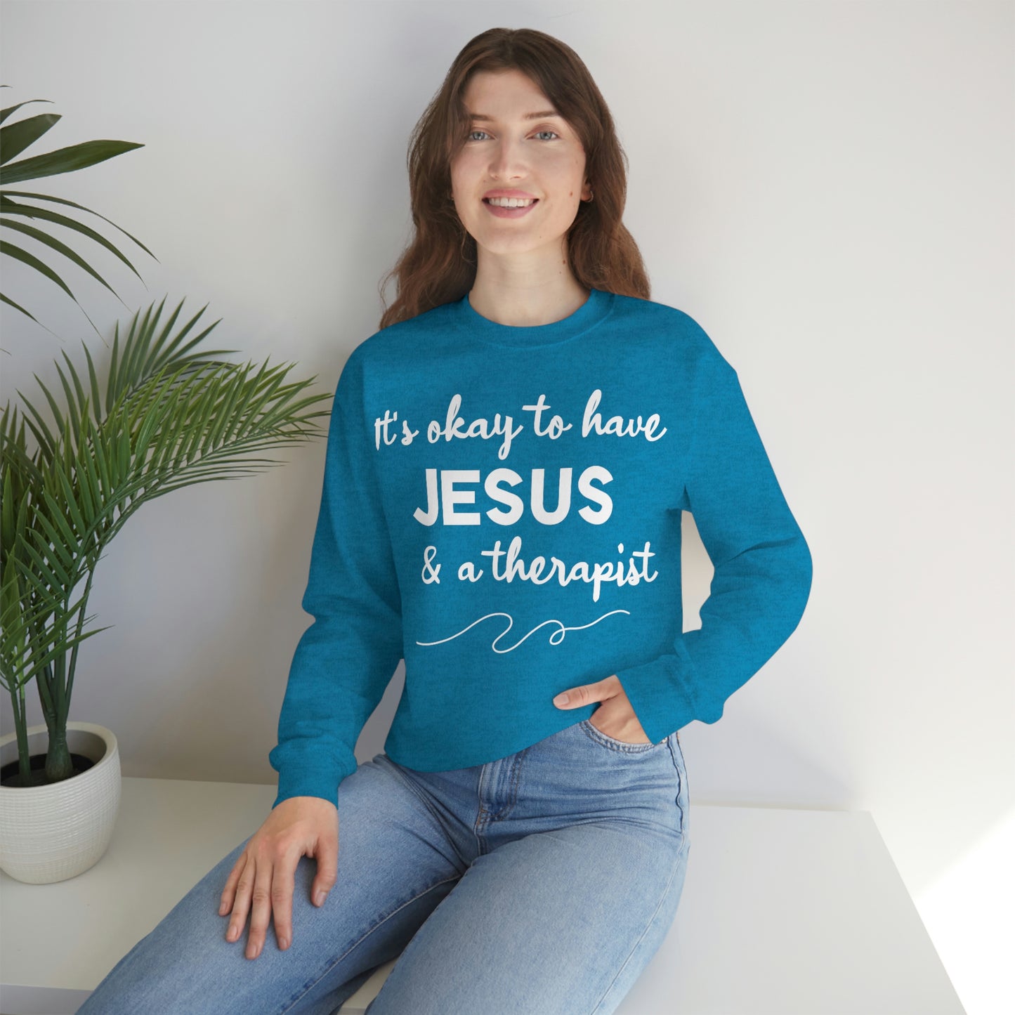 Women's Jesus & A Therapist (White Text) Heavy Blend™ Crewneck Sweatshirt