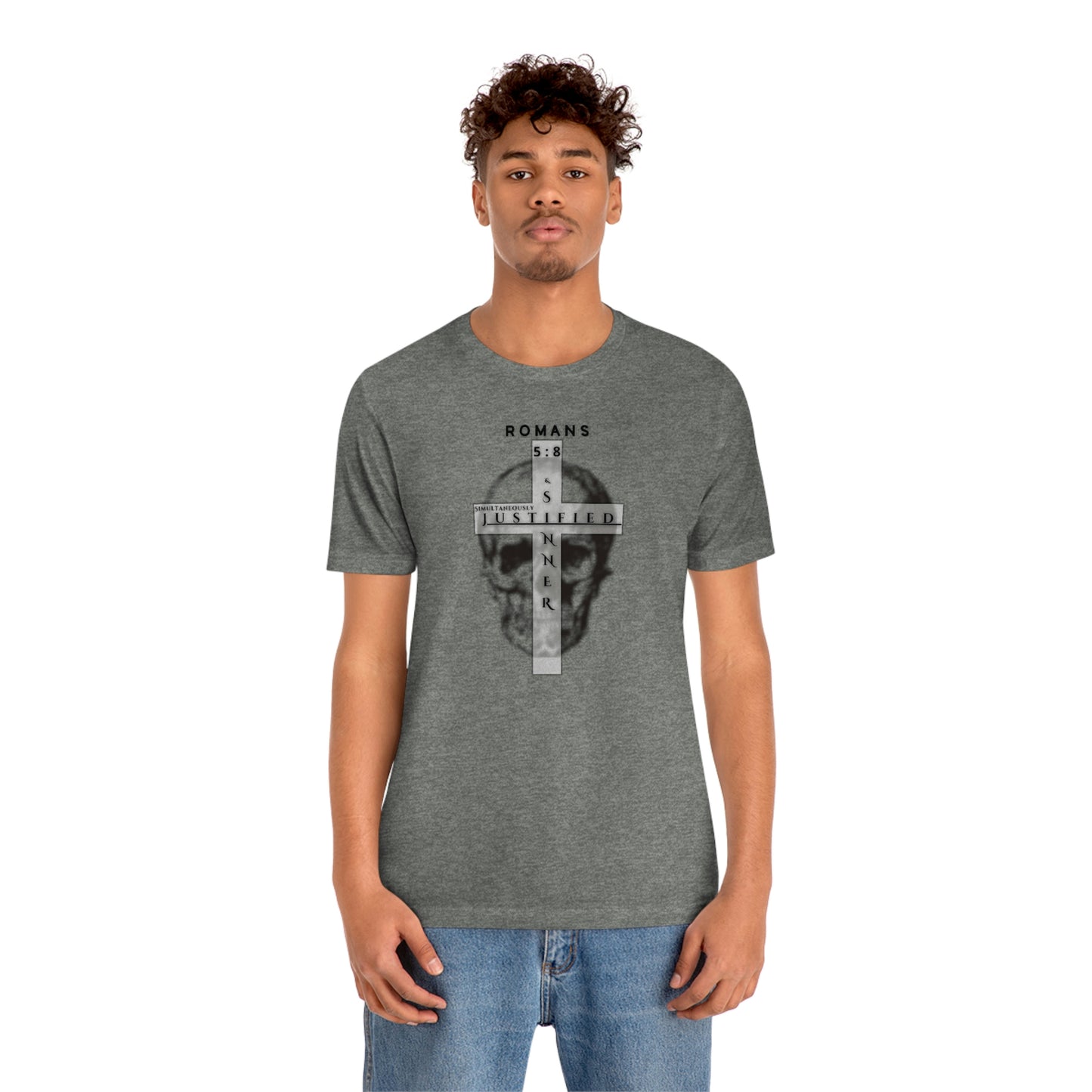 Men's Justified & Sinner (Romans 5:8) [Black Art] Short Sleeve T-Shirt