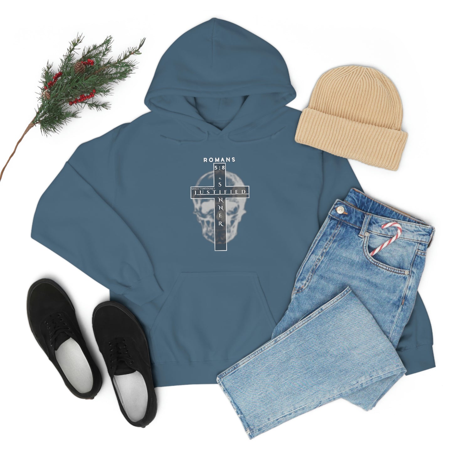 Men's Justified & Sinner (Romans 5:8) [White Art] Heavy Blend™ Hooded Sweatshirt