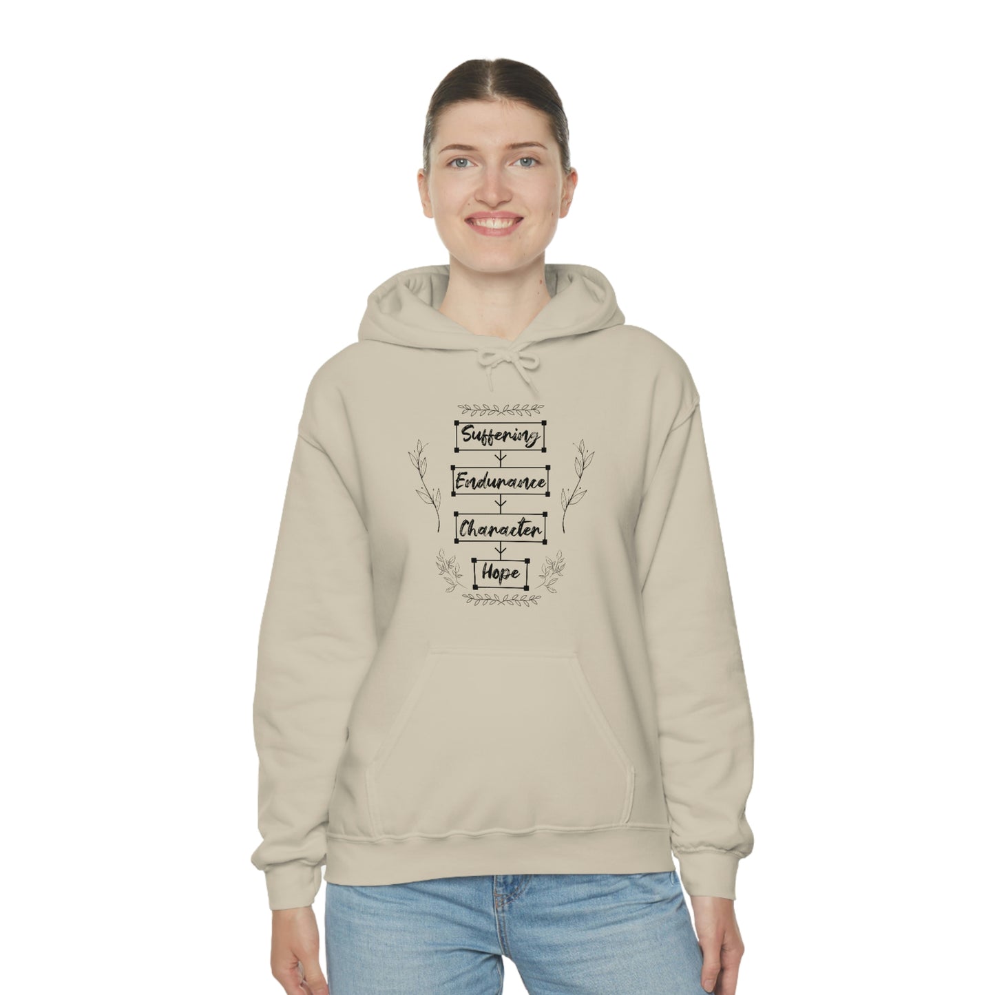 Women's Suffering Produces Hope (Romans 5:4) [Black Text] Heavy Blend™ Hooded Sweatshirt