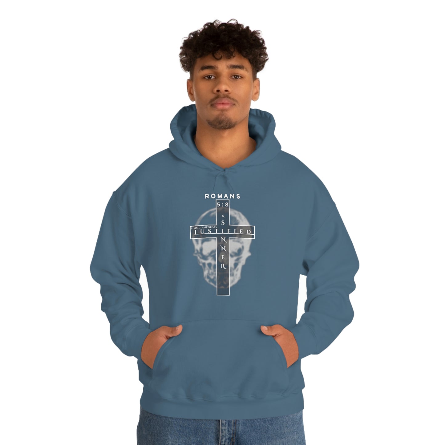 Men's Justified & Sinner (Romans 5:8) [White Art] Heavy Blend™ Hooded Sweatshirt