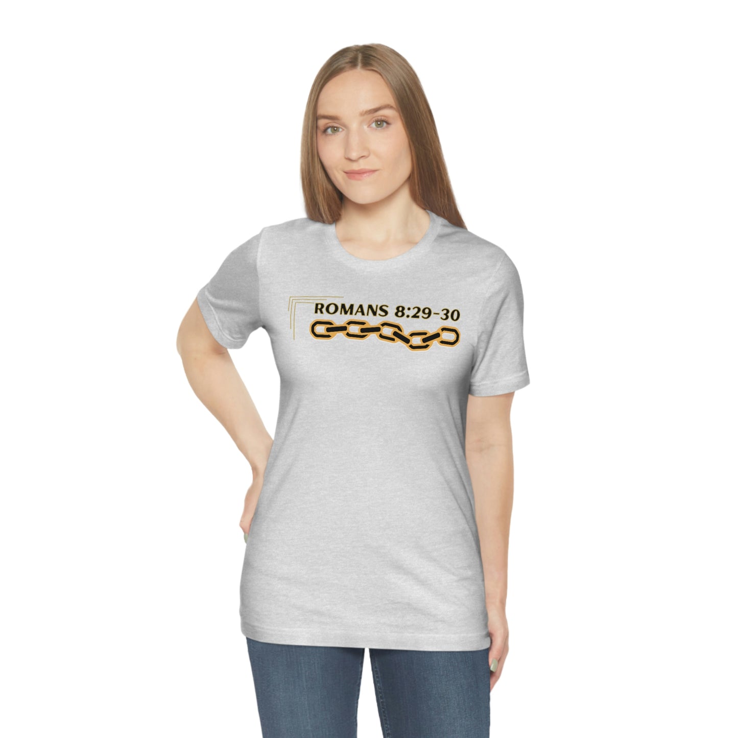 Unisex Golden Chain of Redemption (Romans 8:28-29) [Black] Short Sleeve T-Shirt