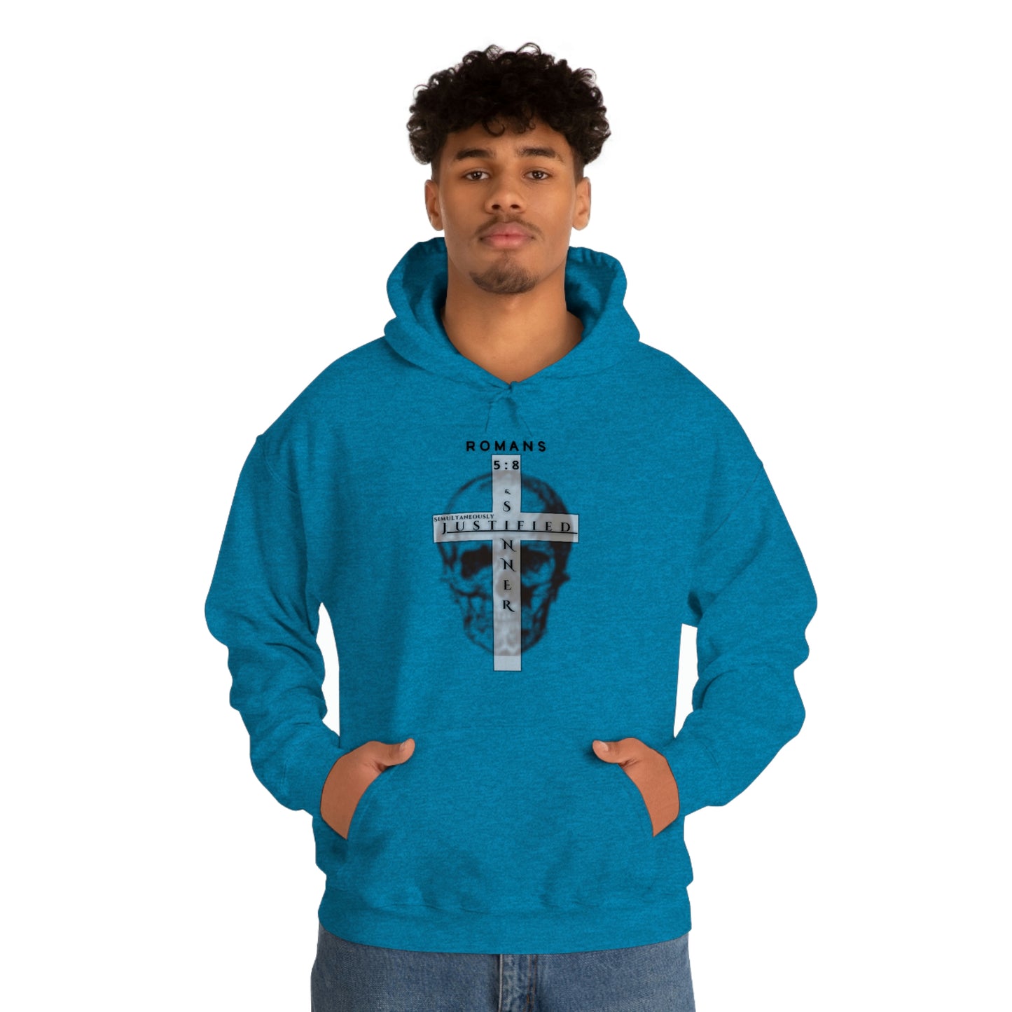 Men's Justified & Sinner (Romans 5:8) [Black Art] Heavy Blend™ Hooded Sweatshirt