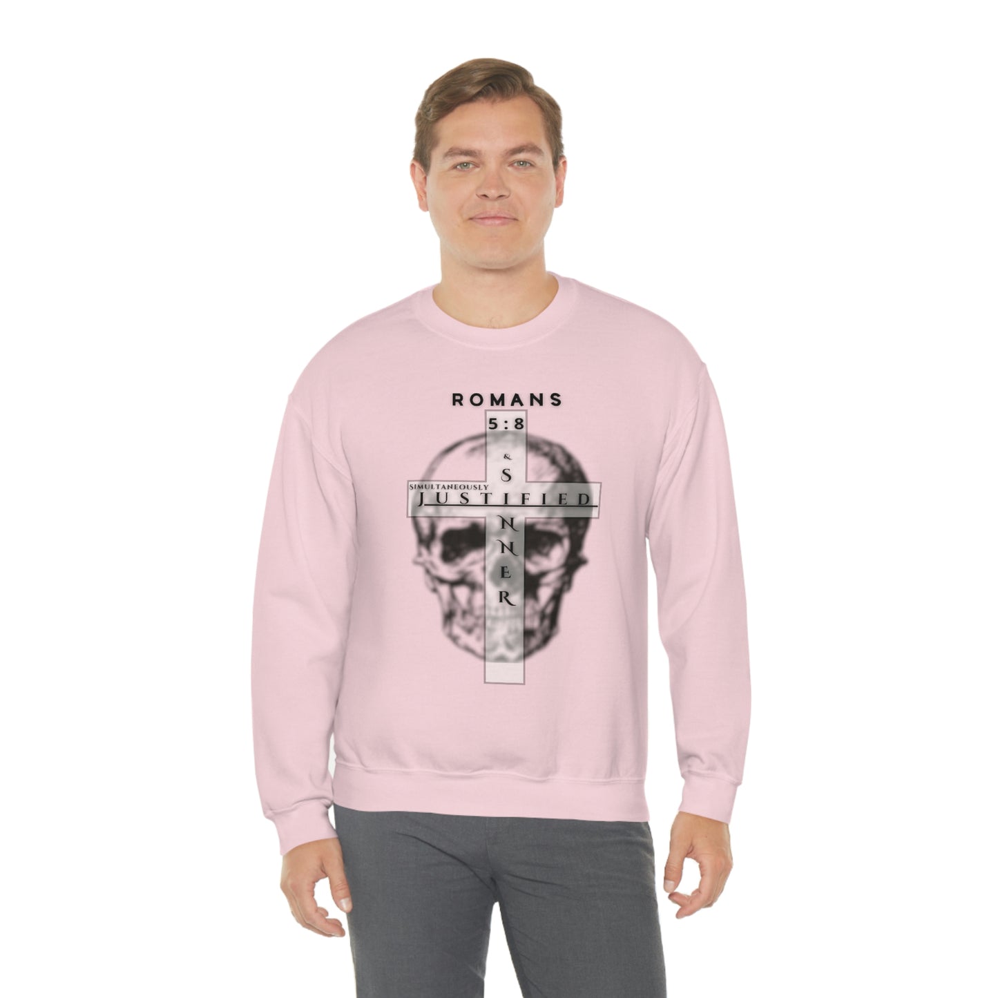 Men's Justified & Sinner (Romans 5:8) [Black Art] Heavy Blend™ Crewneck Sweatshirt