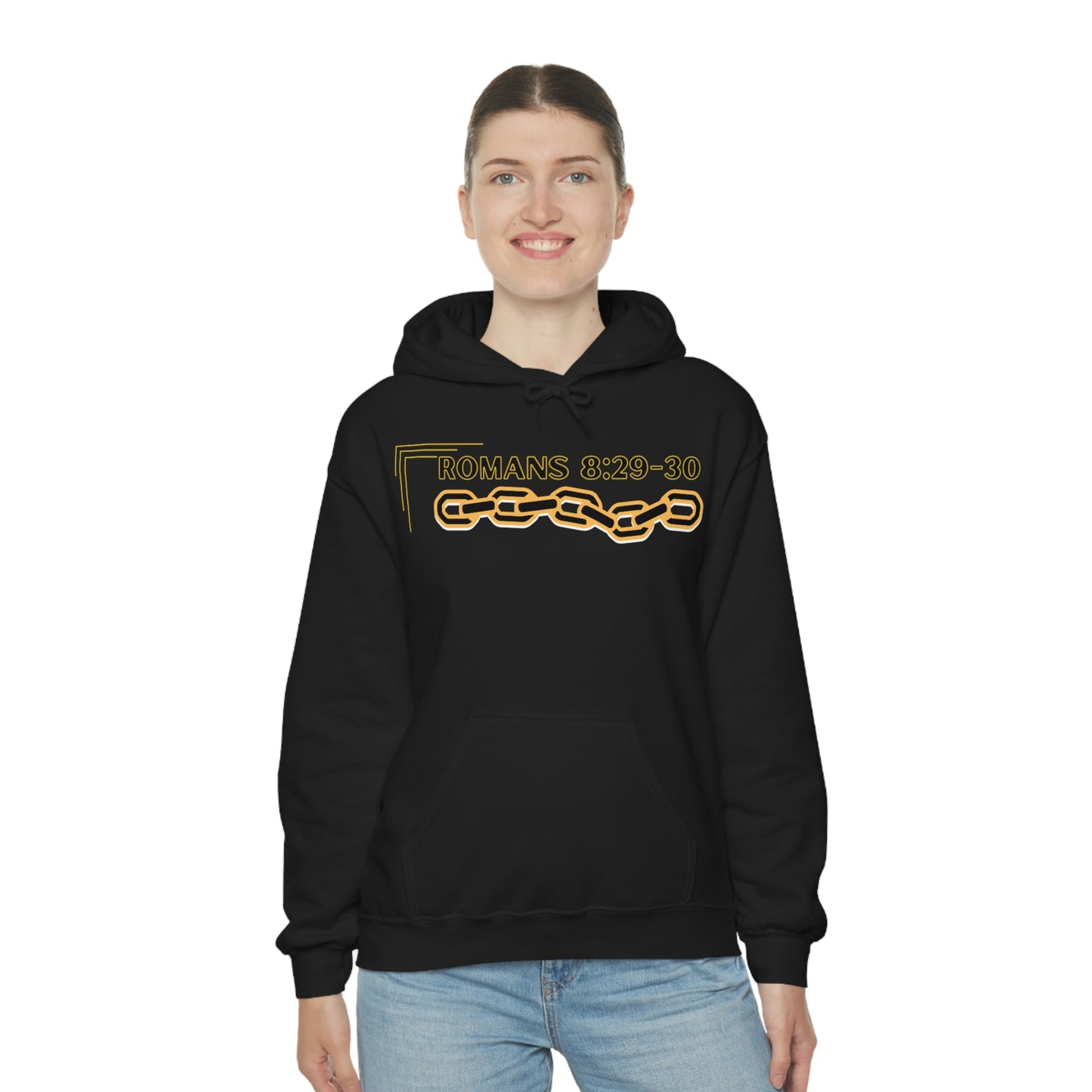 Unisex Golden Chain of Redemption (Romans 8:28-29) [Black] Heavy Blend™ Hooded Sweatshirt