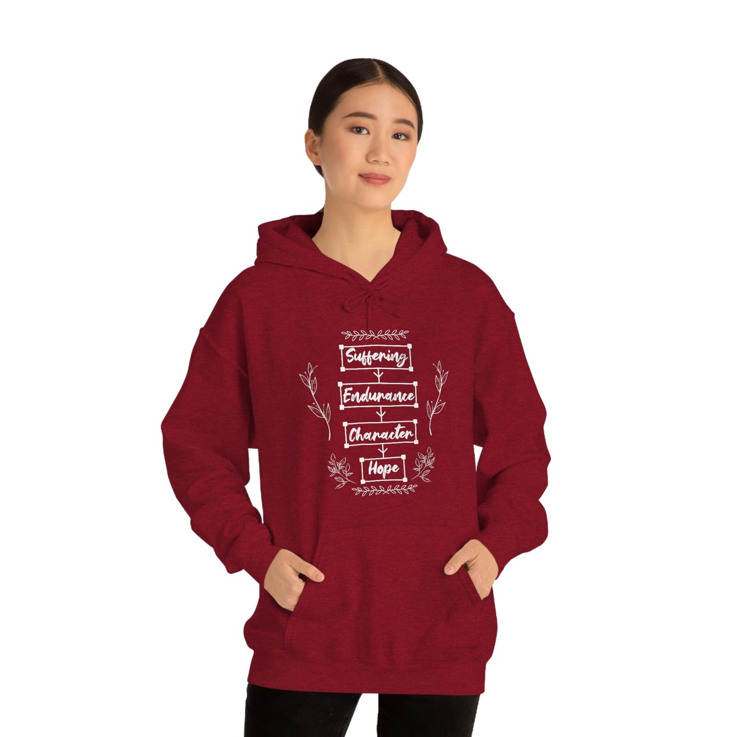 Women's Suffering Produces Hope (Romans 5:4) [White Text] Heavy Blend™ Hooded Sweatshirt