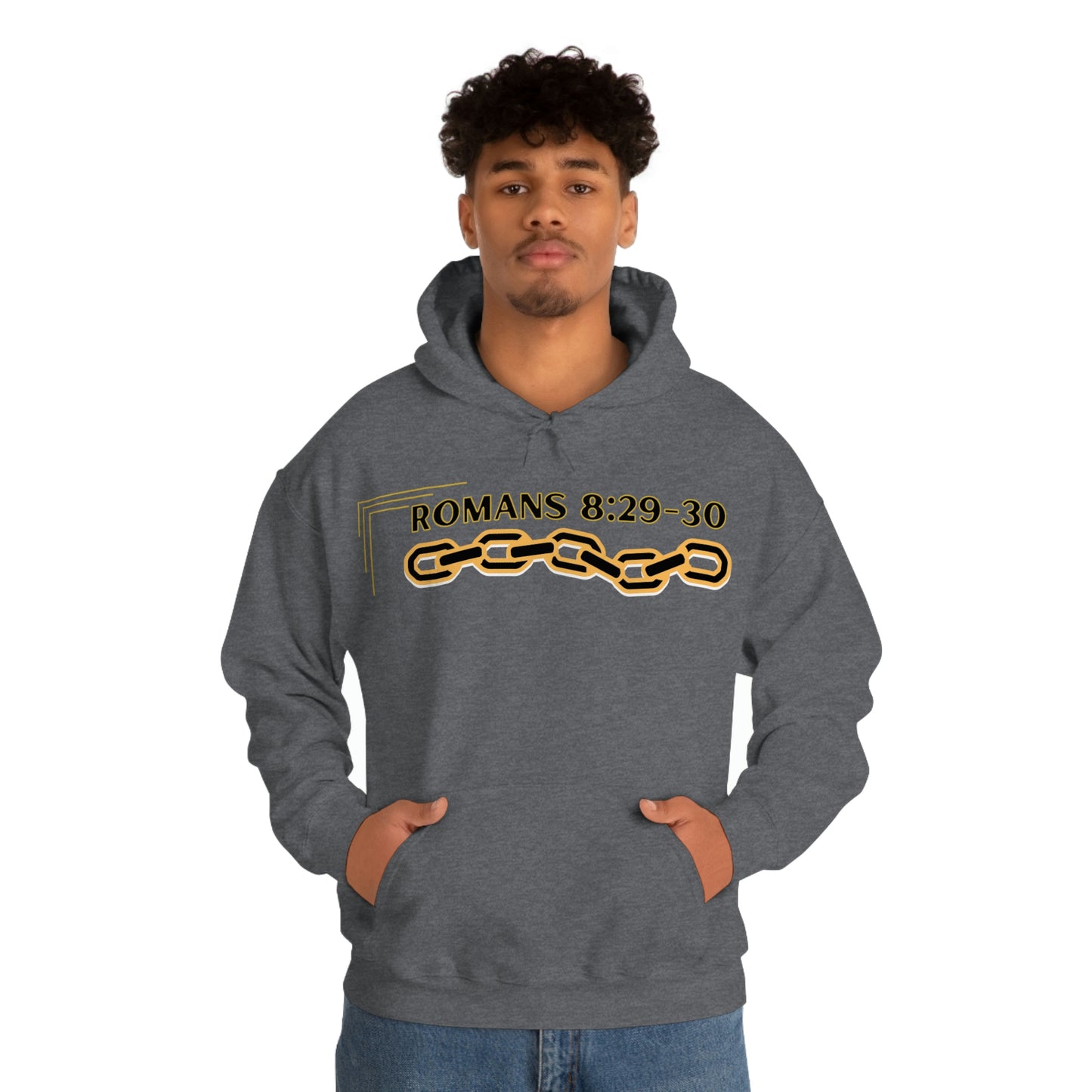 Unisex Golden Chain of Redemption (Romans 8:28-29) [Black] Heavy Blend™ Hooded Sweatshirt